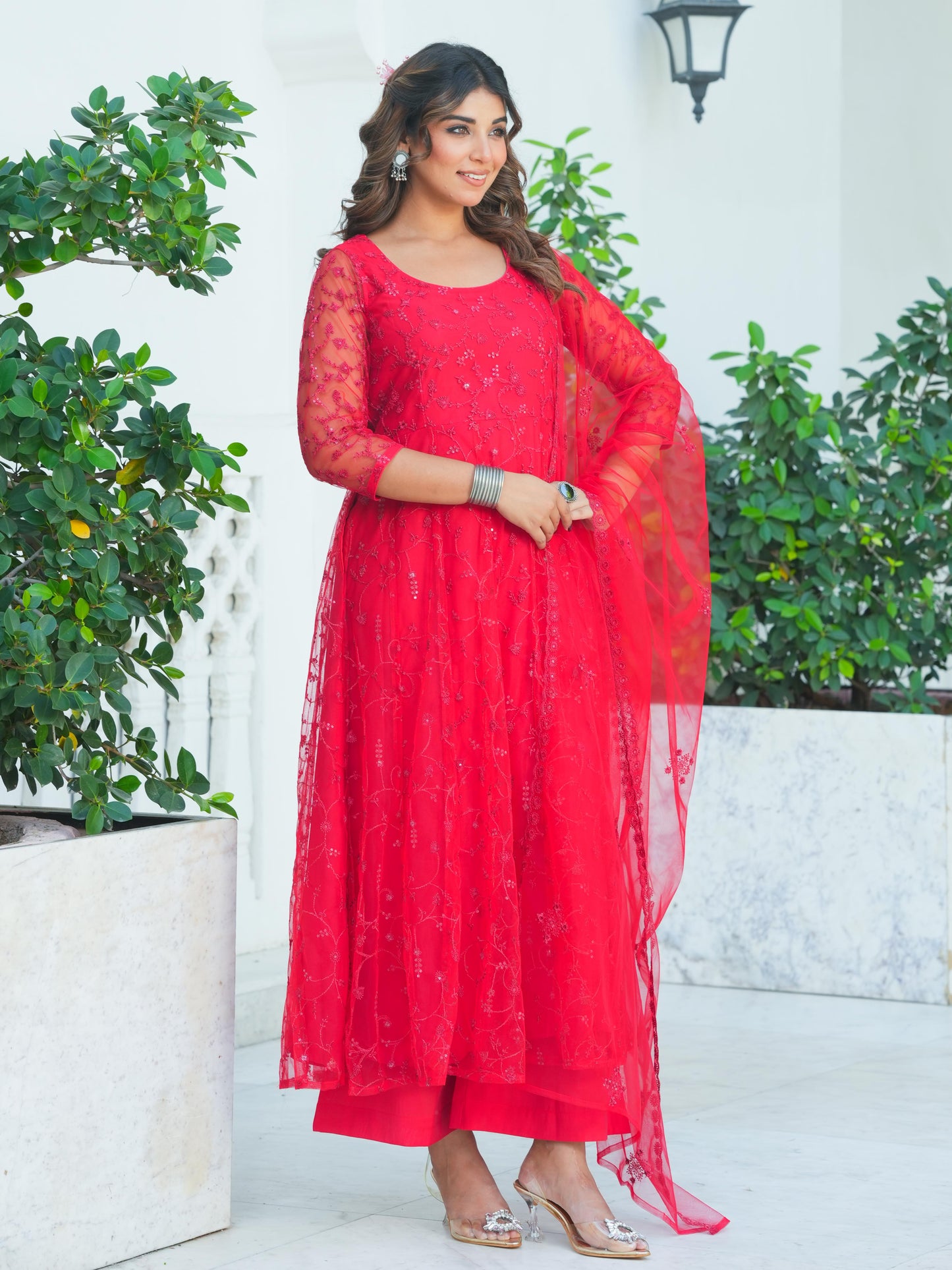 Embroidered Net Solid Red Kurta