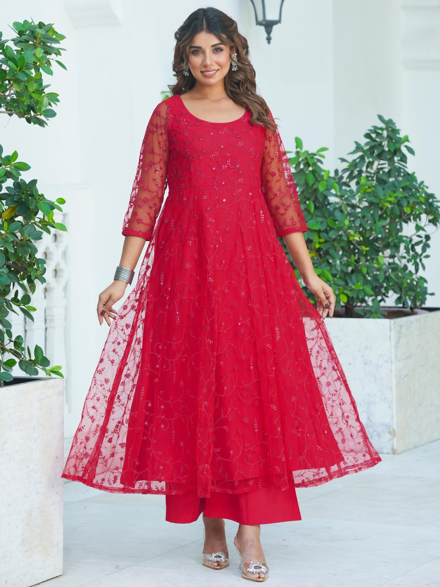 Embroidered Net Solid Anarkali Red Kurta