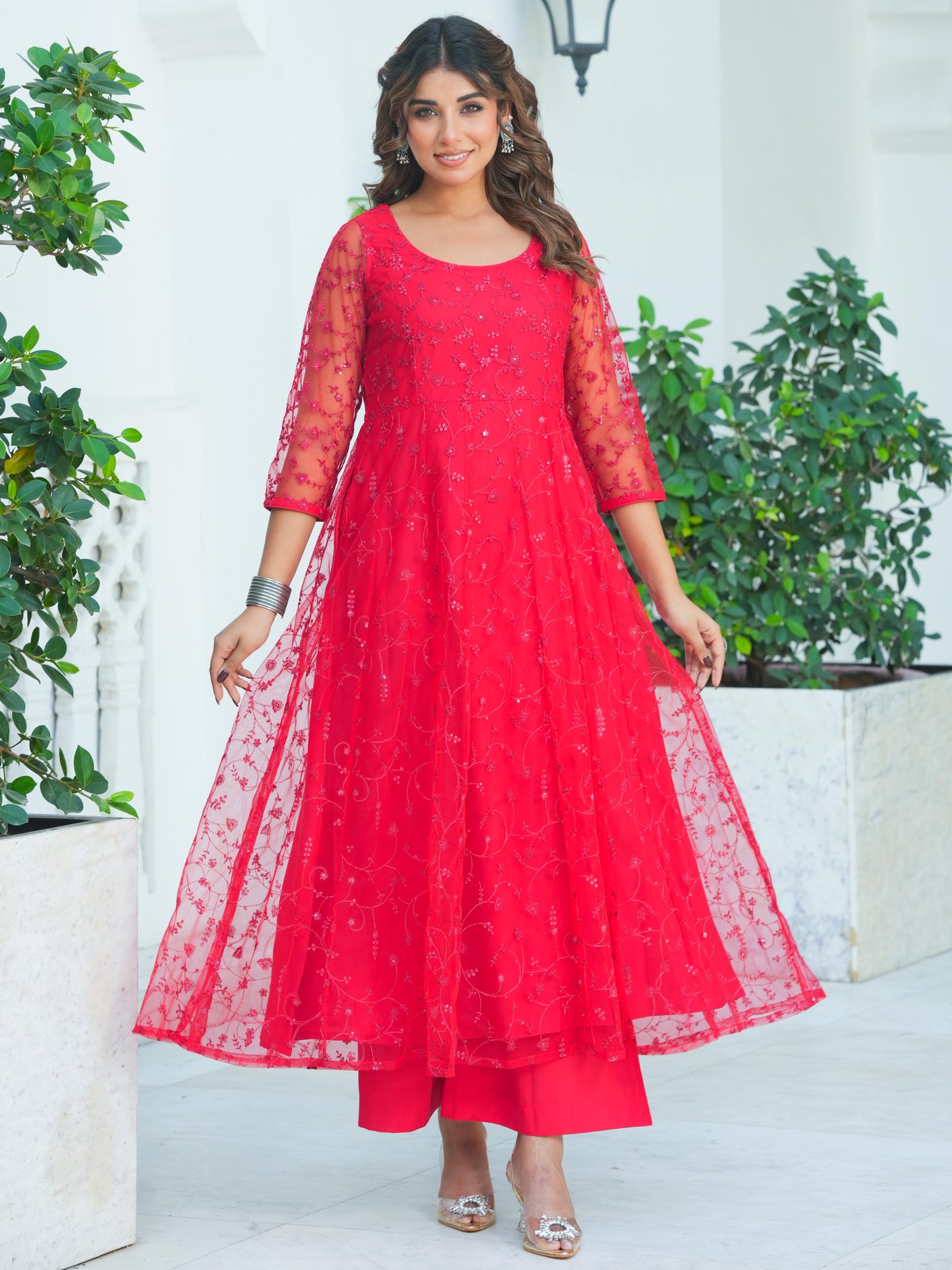 Embroidered Net Solid Red Kurta
