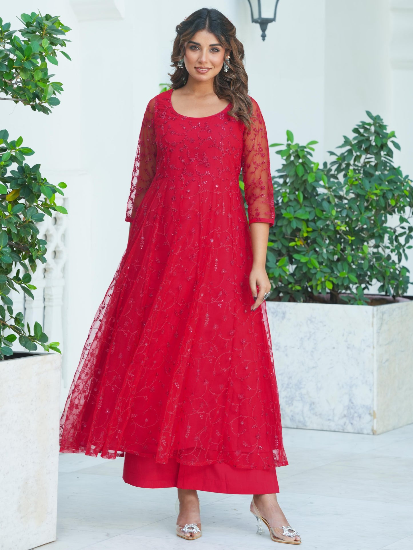 Embroidered Net Solid Anarkali Red Kurta