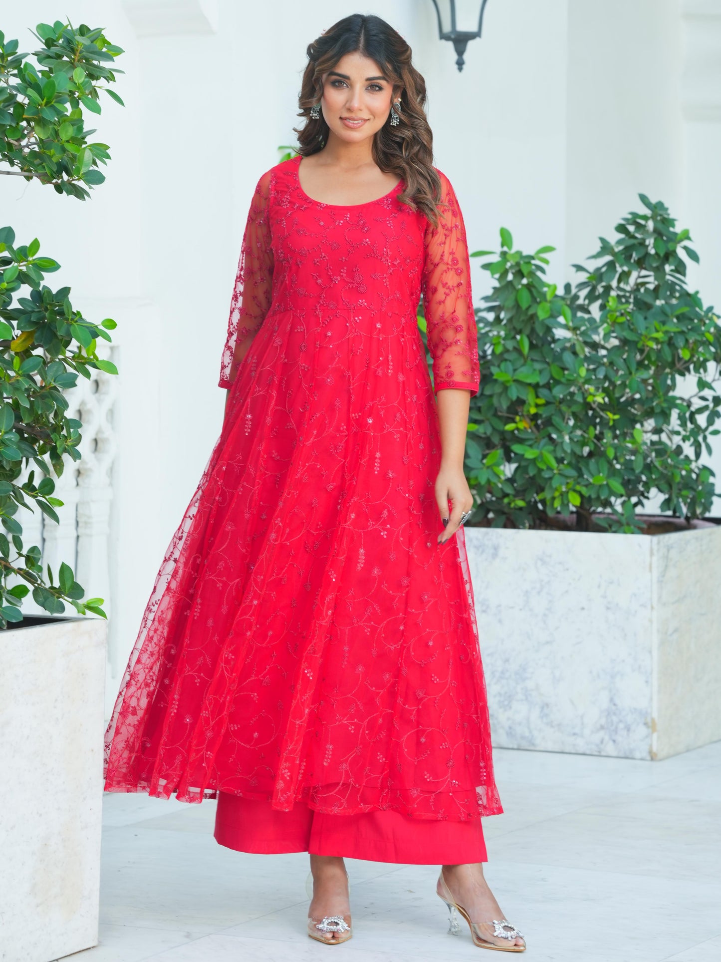 Embroidered Net Solid Red Kurta