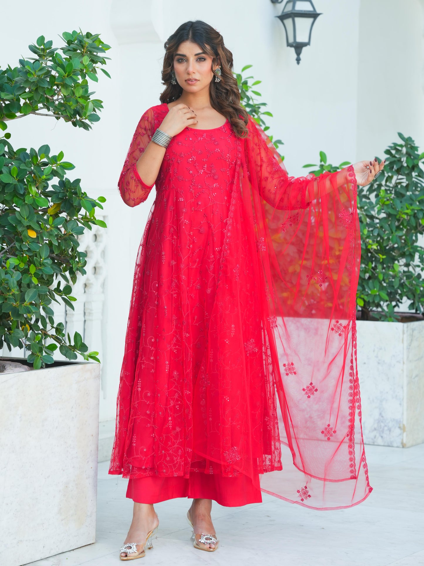 Embroidered Net Solid Red Kurta