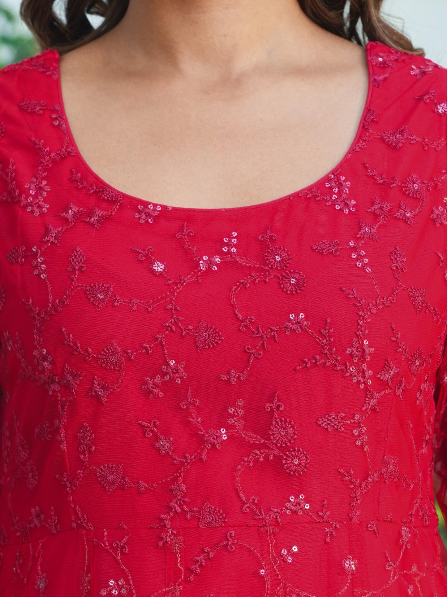 Embroidered Net Solid Anarkali Red Kurta
