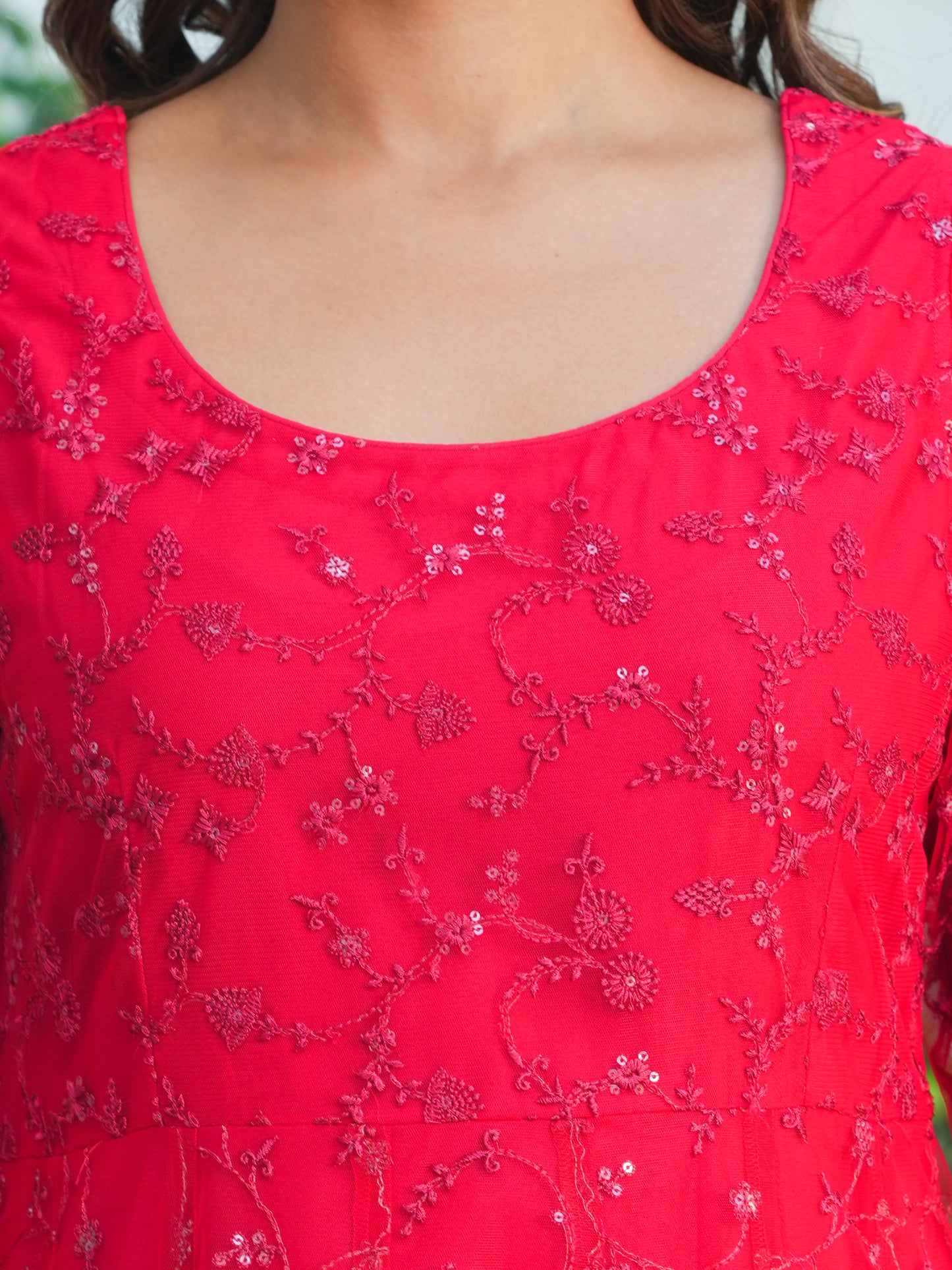 Embroidered Net Solid Red Kurta