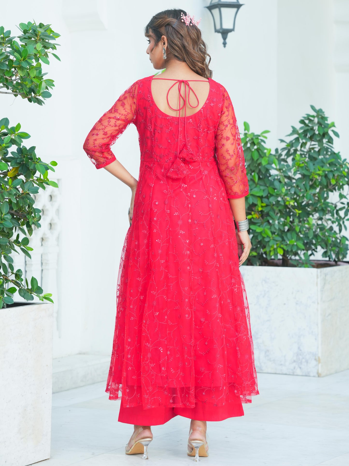 Embroidered Net Solid Red Kurta