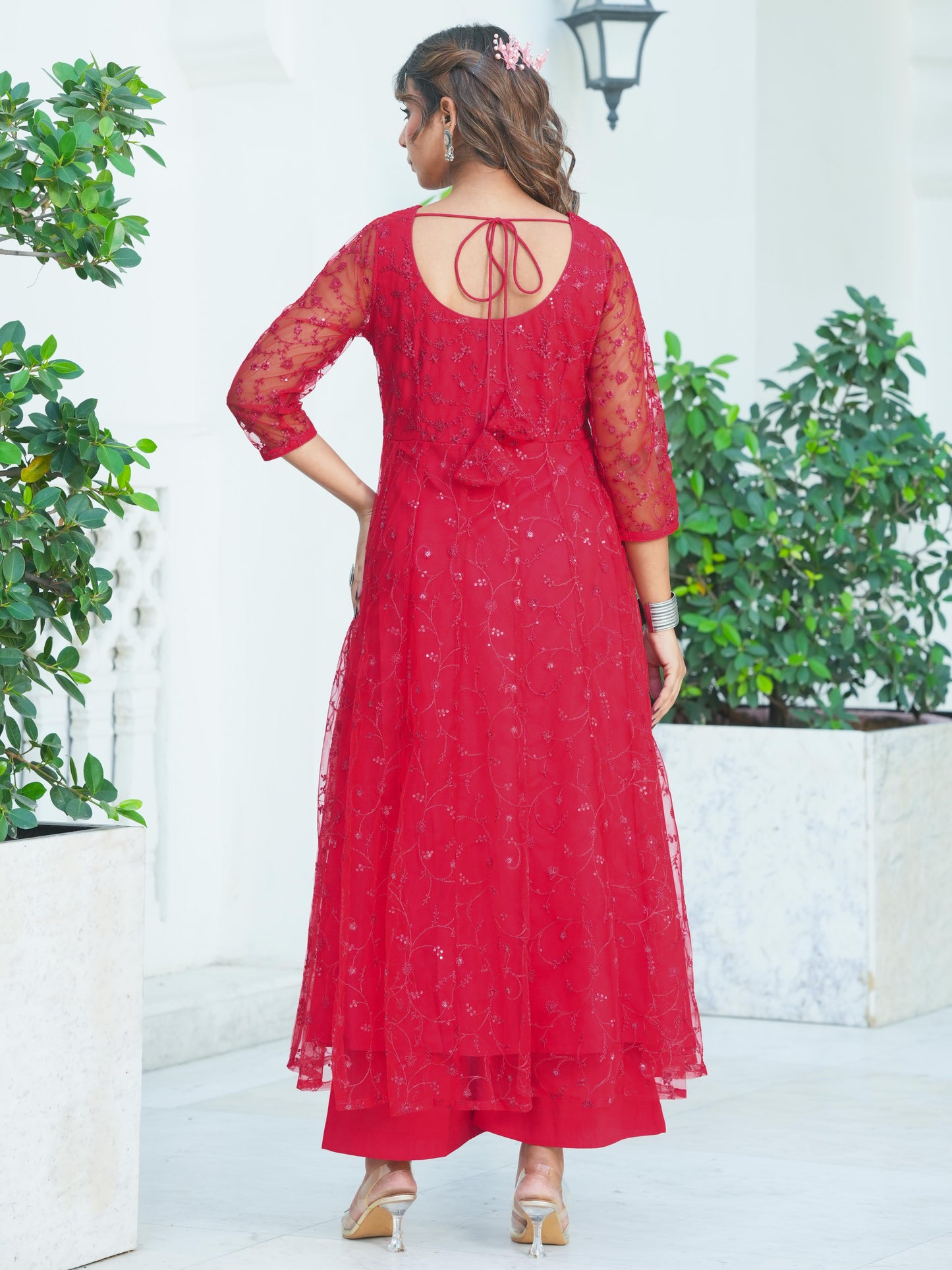 Embroidered Net Solid Anarkali Red Kurta