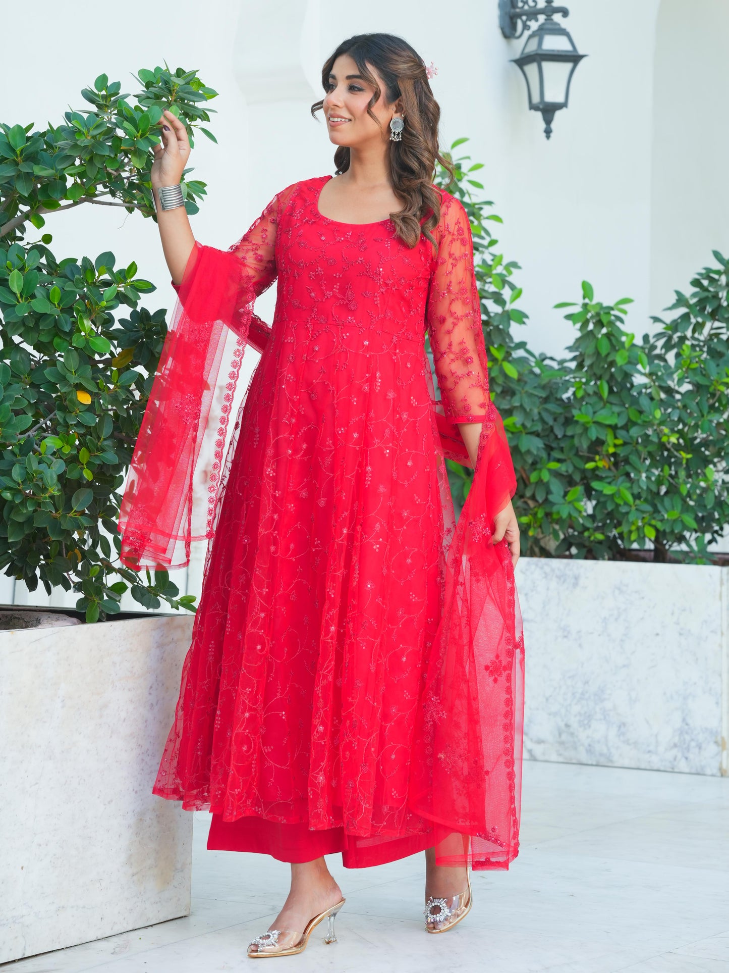 Embroidered Net Solid Red Kurta