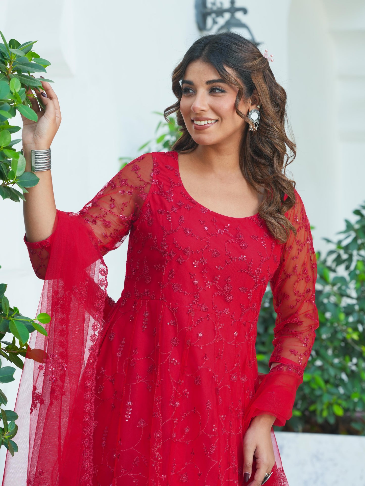 Embroidered Net Solid Anarkali Red Kurta