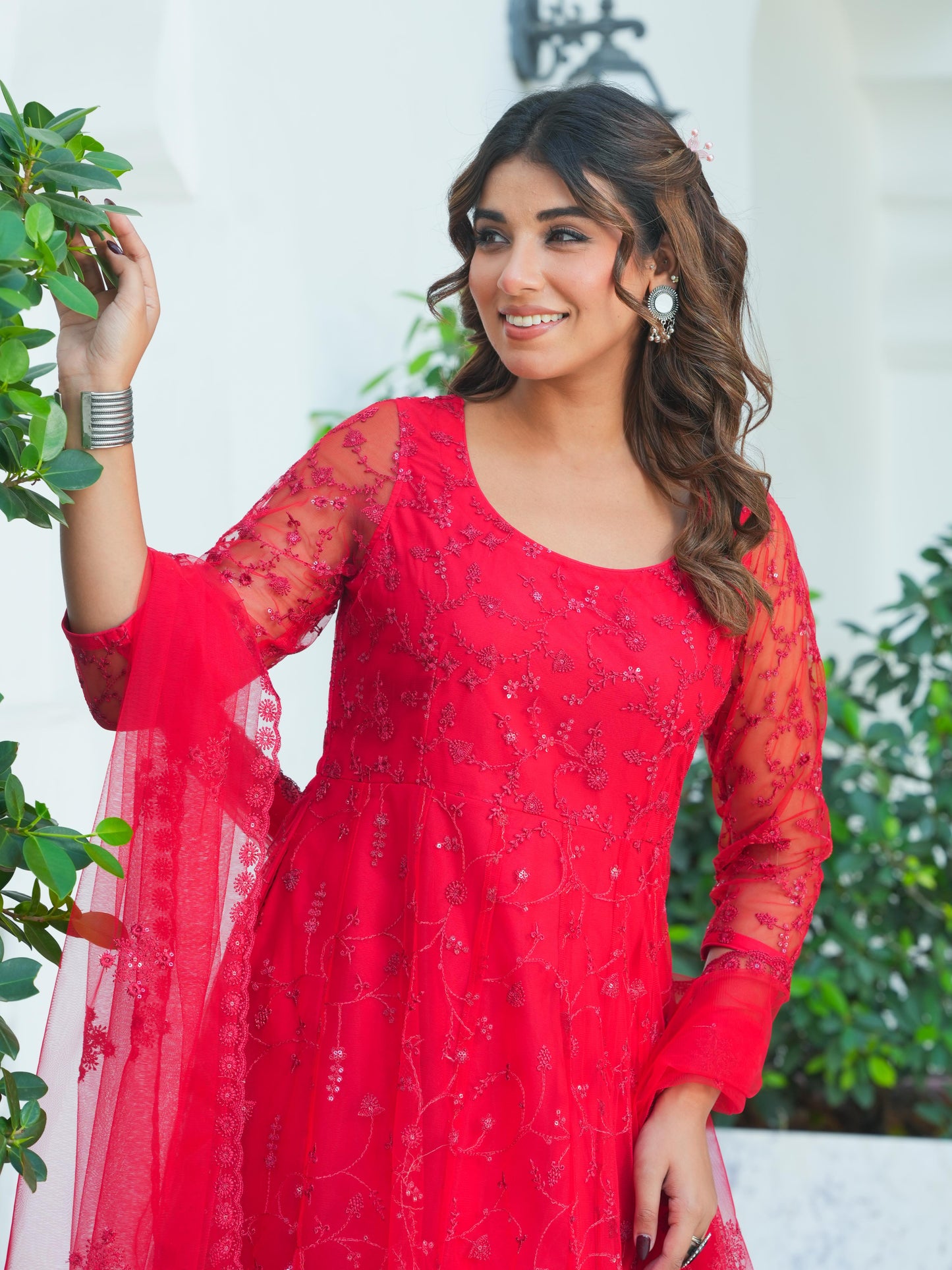 Embroidered Net Solid Red Kurta