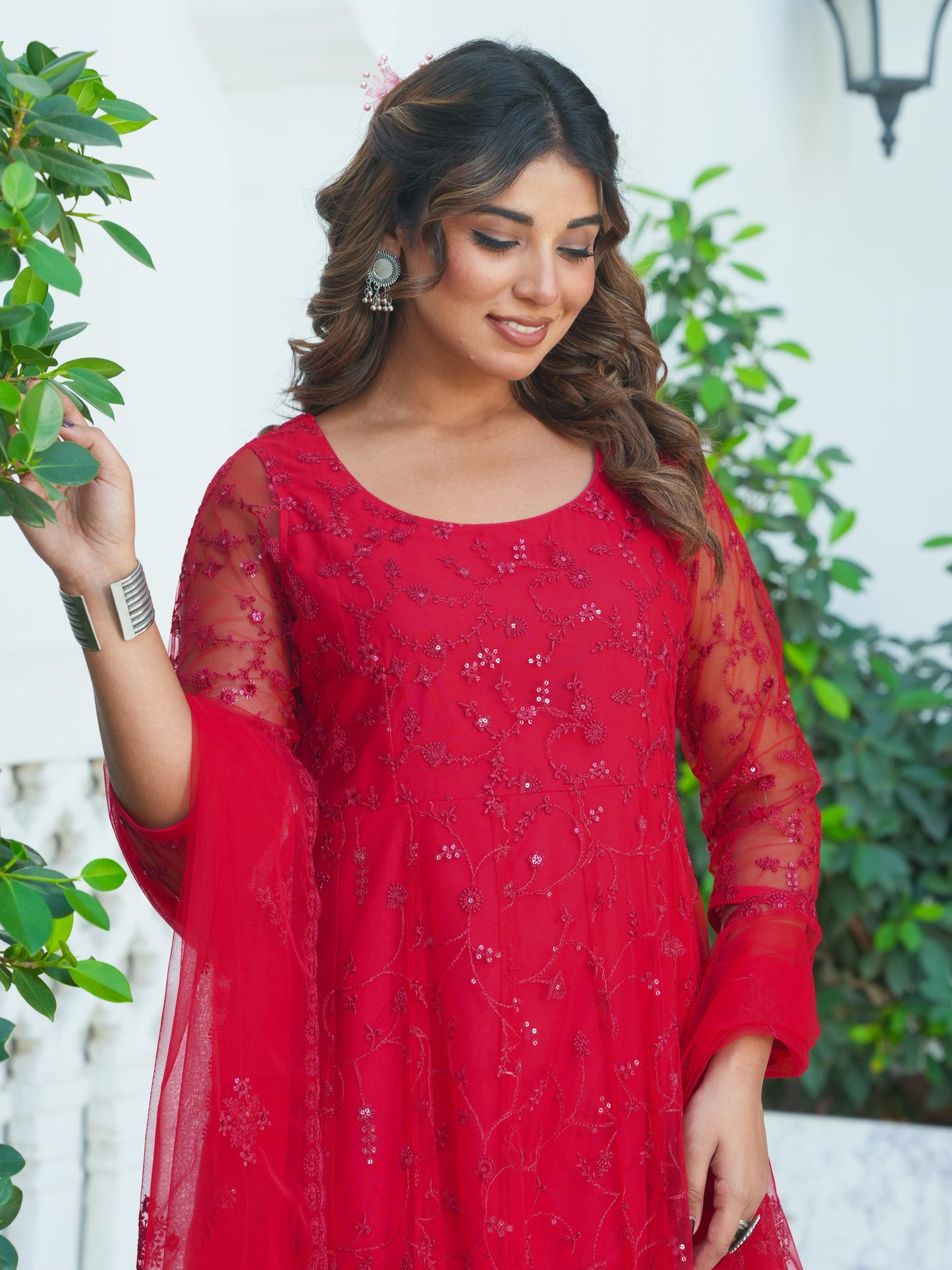 Embroidered Net Solid Anarkali Red Kurta
