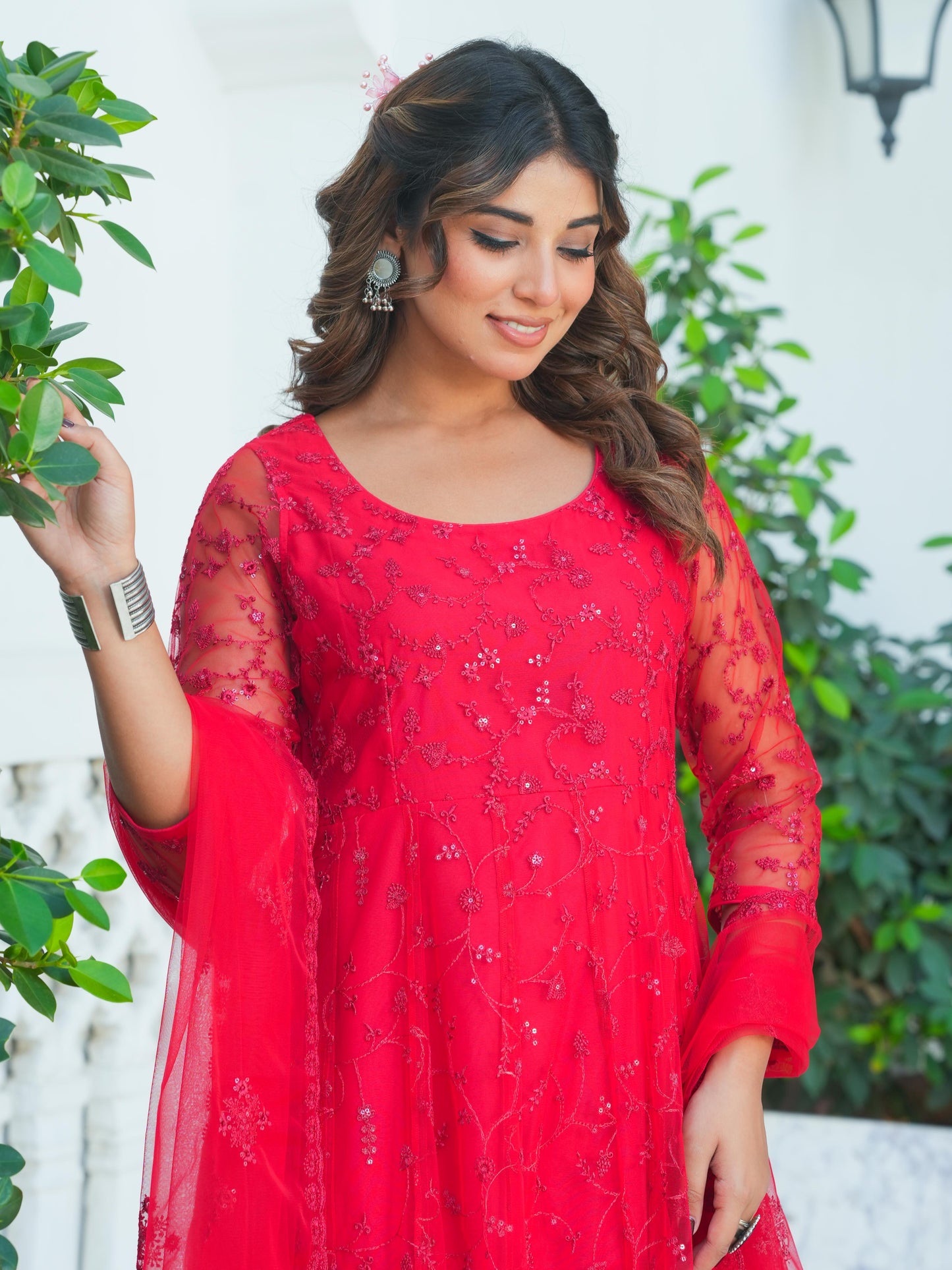 Embroidered Net Solid Red Kurta