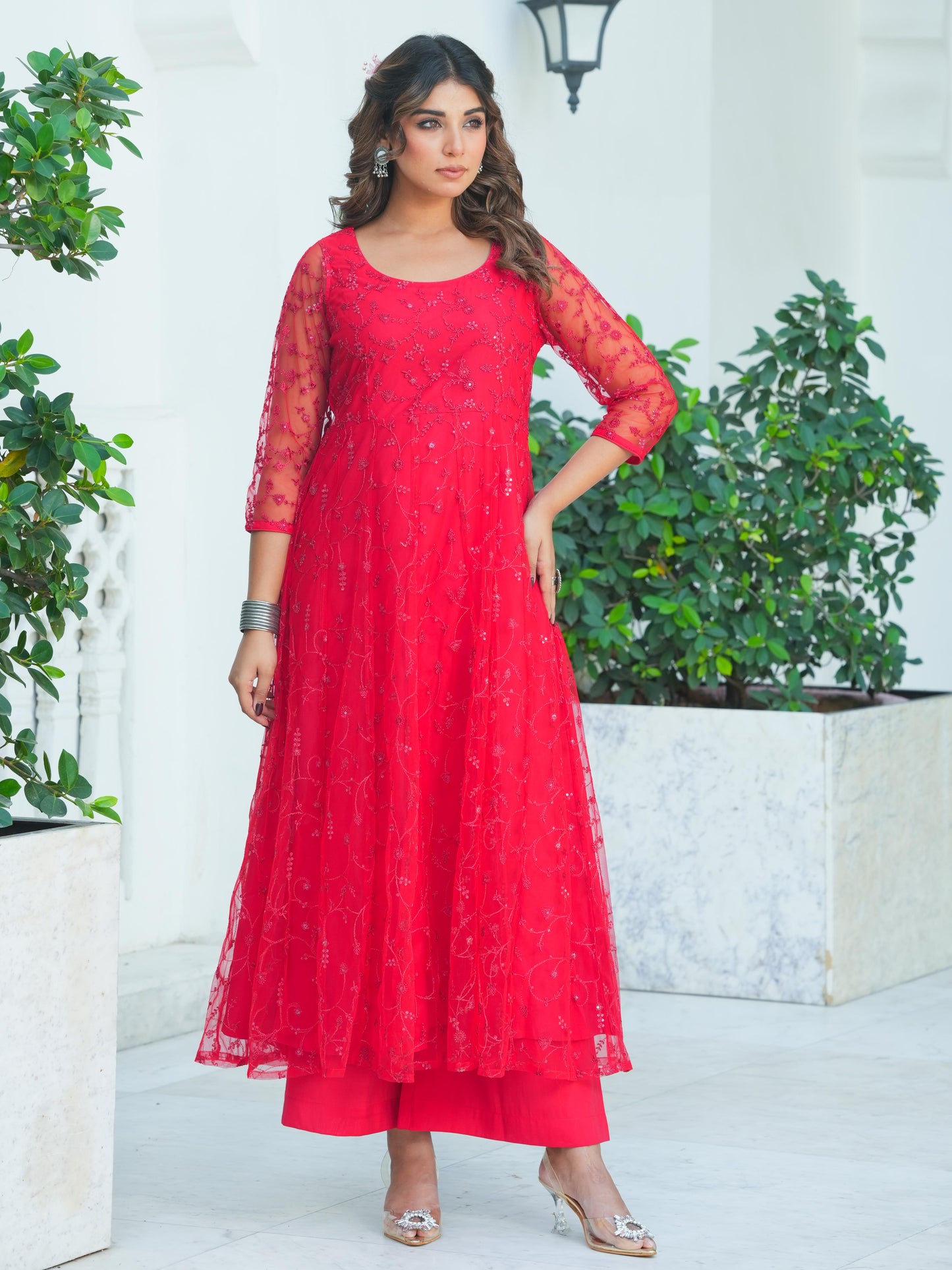 Embroidered Net Solid Red Kurta