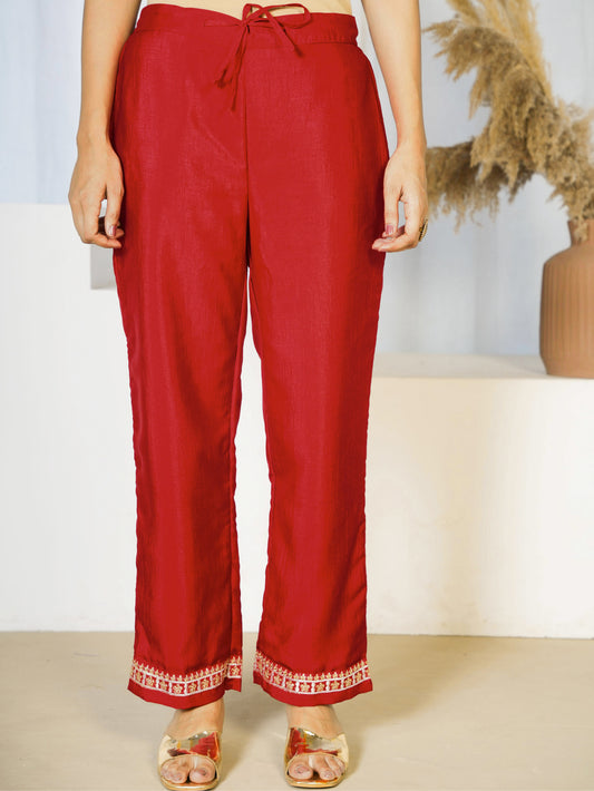 Embroidered Blended Silk Solid Red Trousers