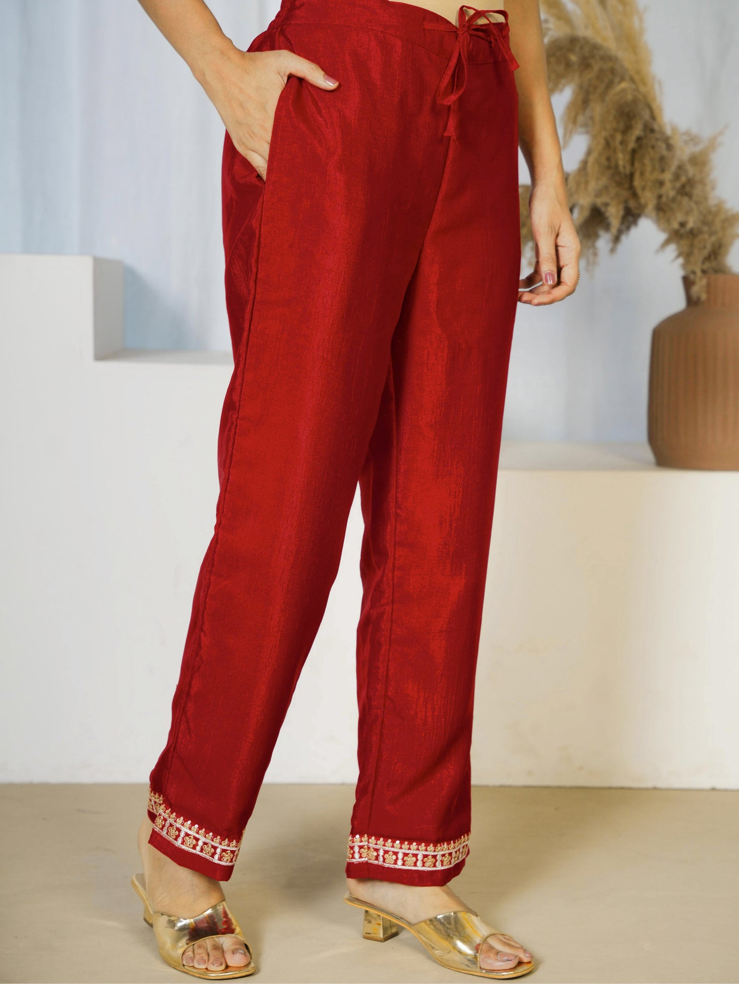 Embroidered Blended Silk Solid Red Trousers