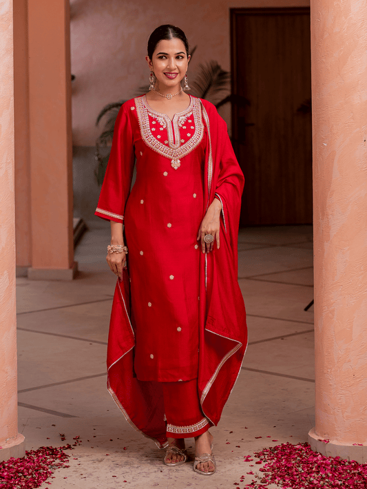 Embroidered Blended Silk Solid Red Dupatta