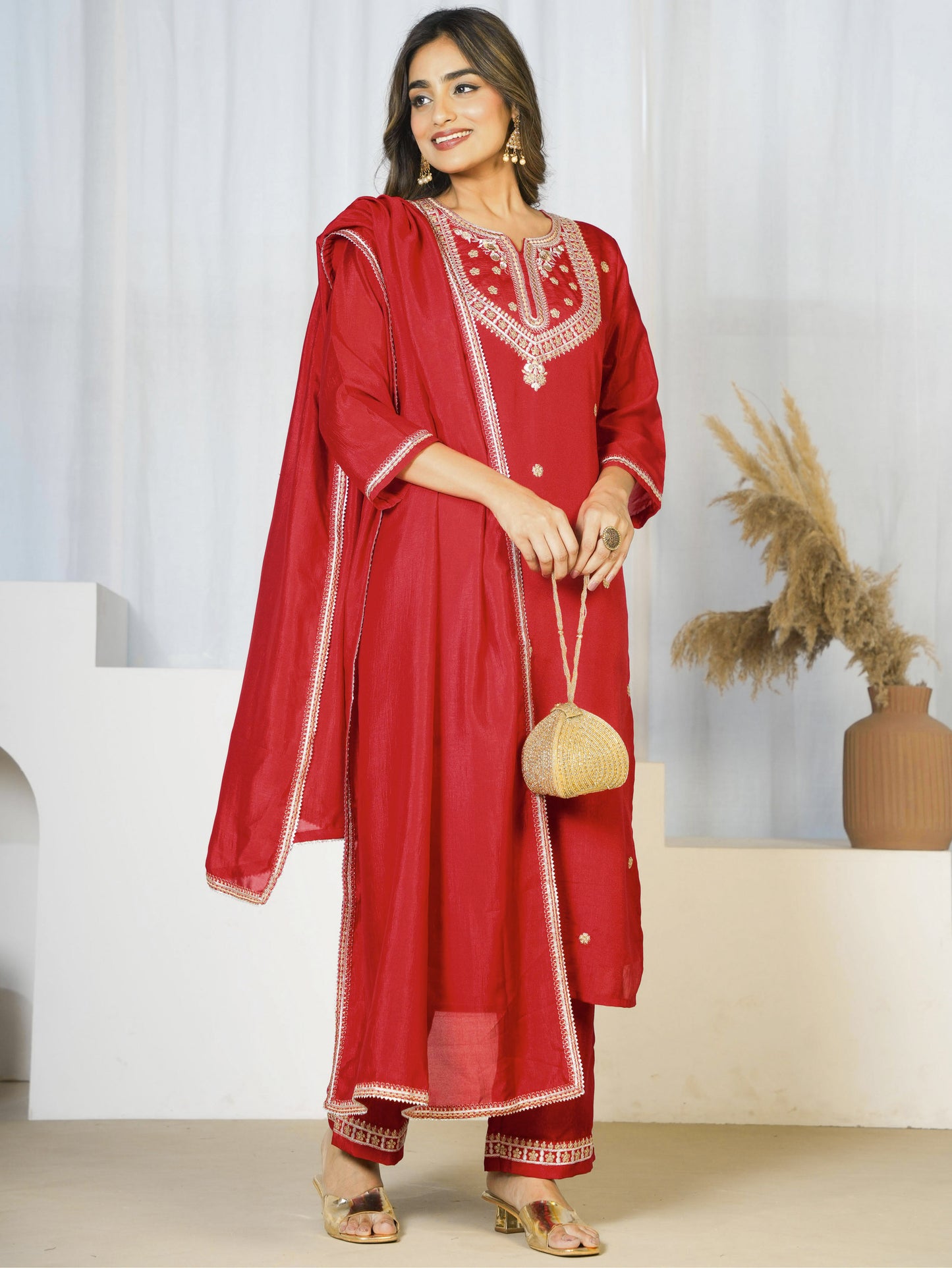 Embroidered Blended Silk Solid Red Dupatta