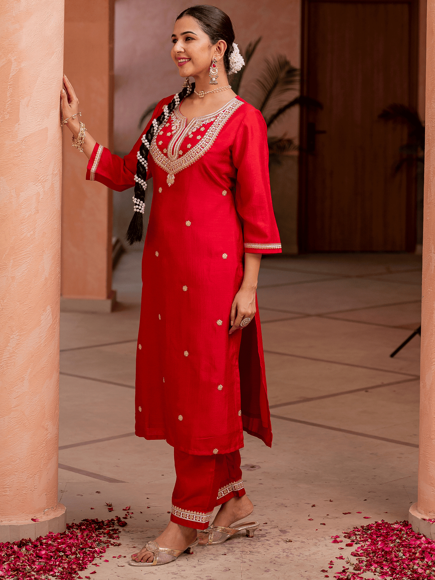 Embroidered Silk Blend Solid Red Straight Kurta