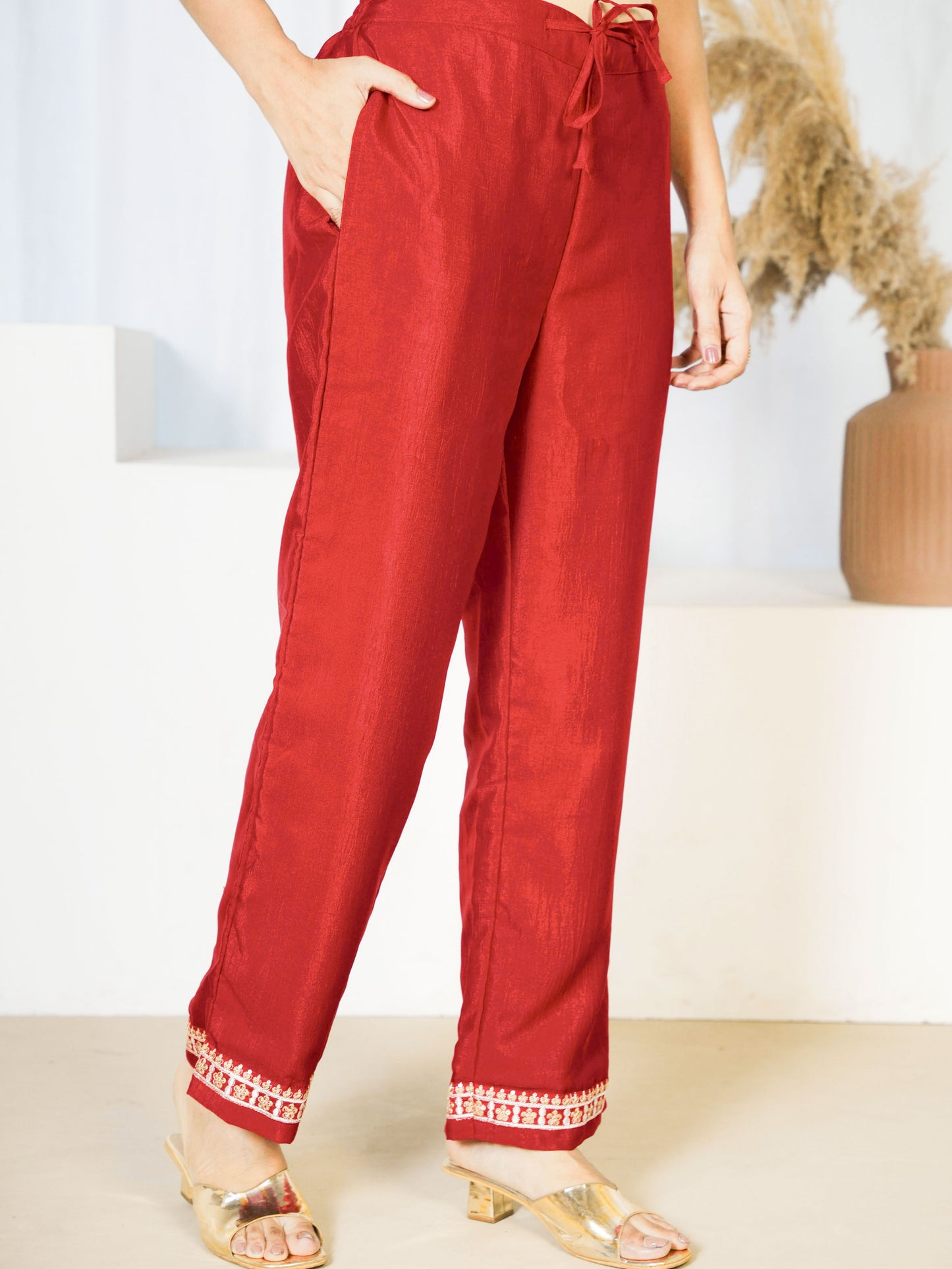 Embroidered Blended Silk Solid Red Trousers