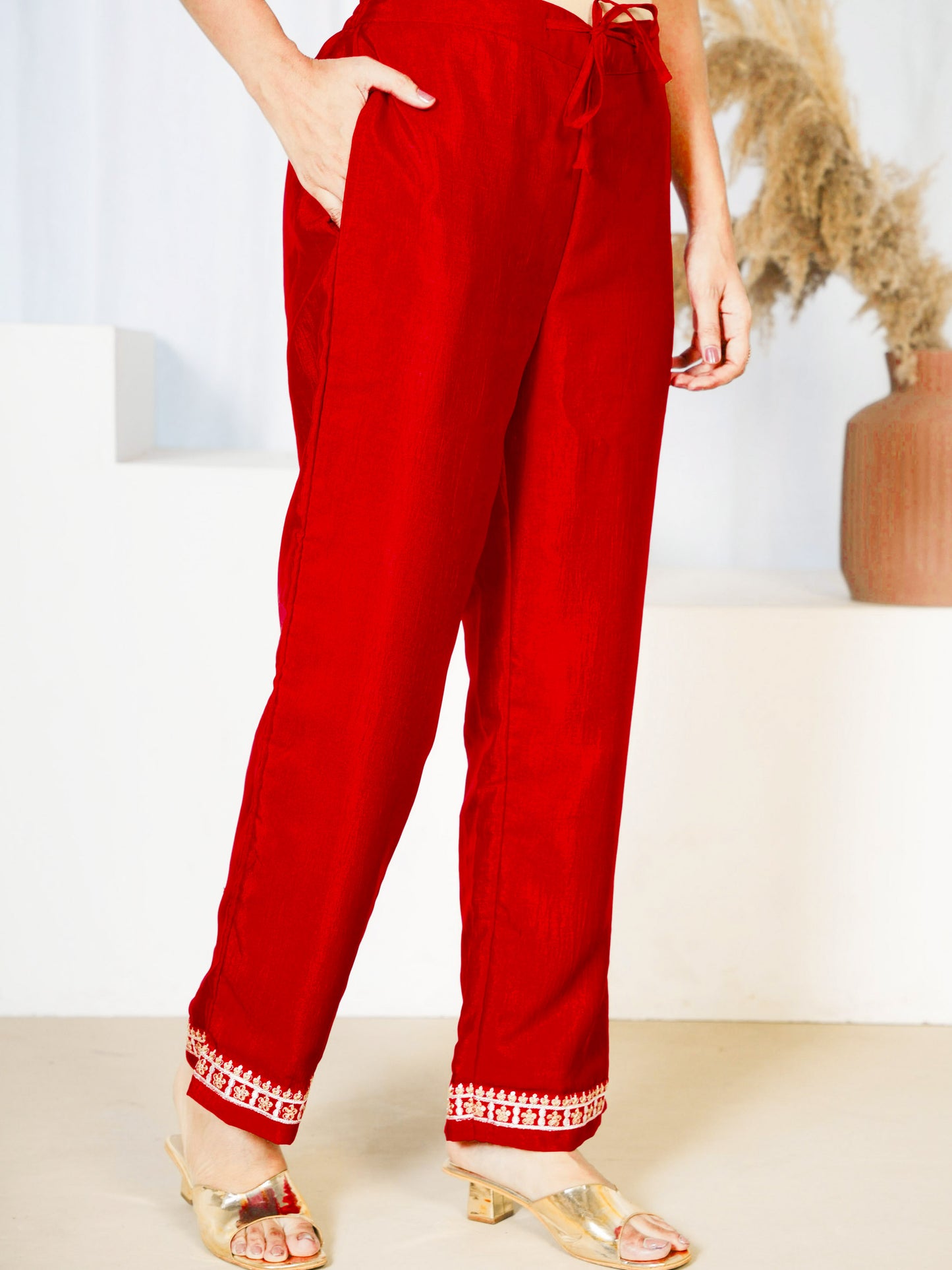 Embroidered Silk Blend Solid Red Straight Kurta