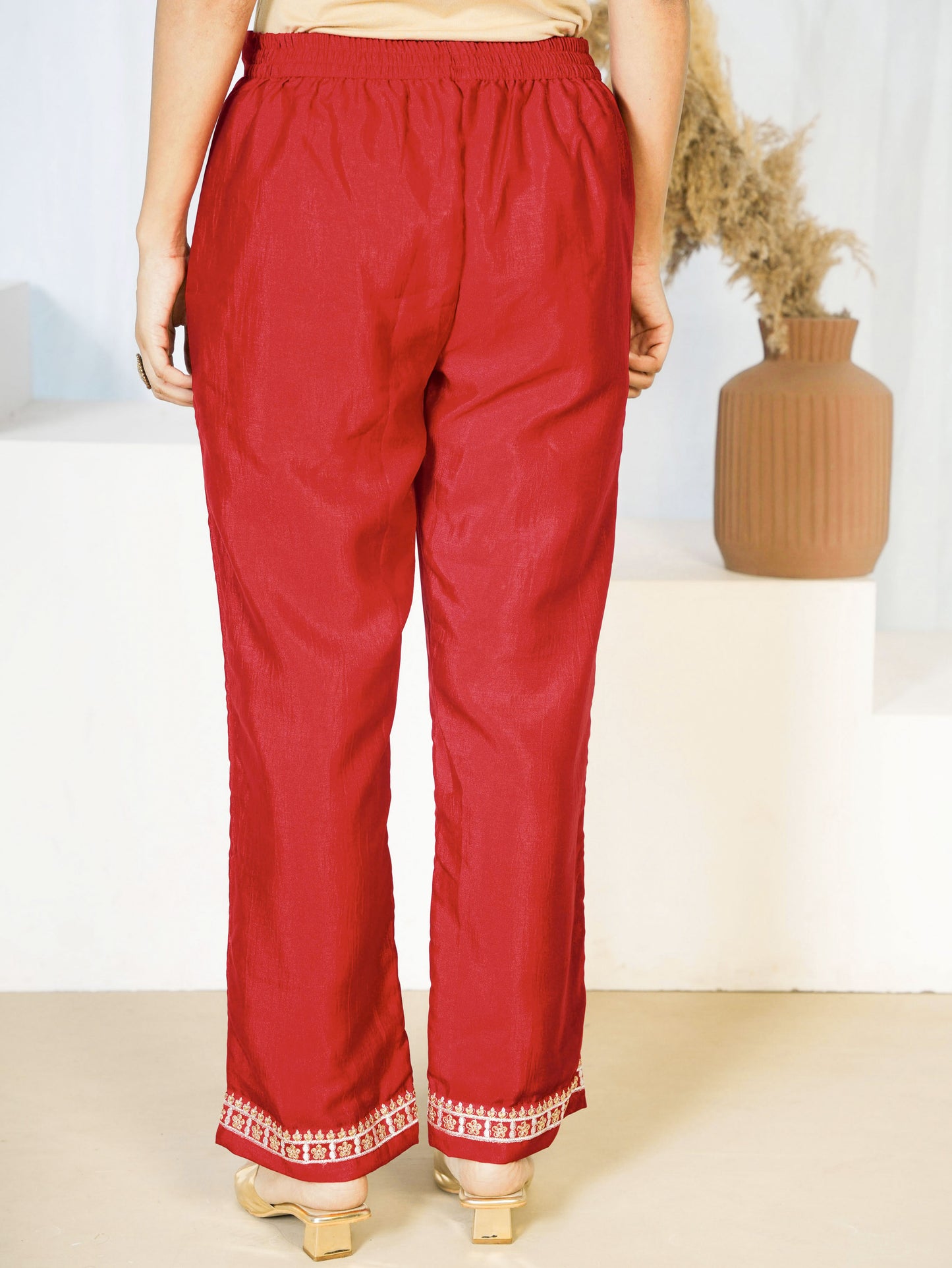 Embroidered Blended Silk Solid Red Trousers
