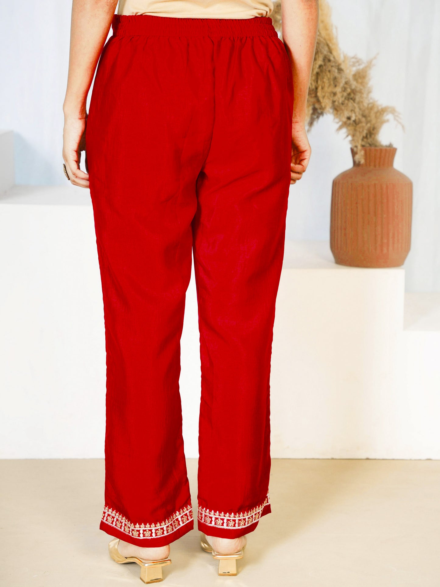 Embroidered Silk Blend Solid Red Straight Kurta