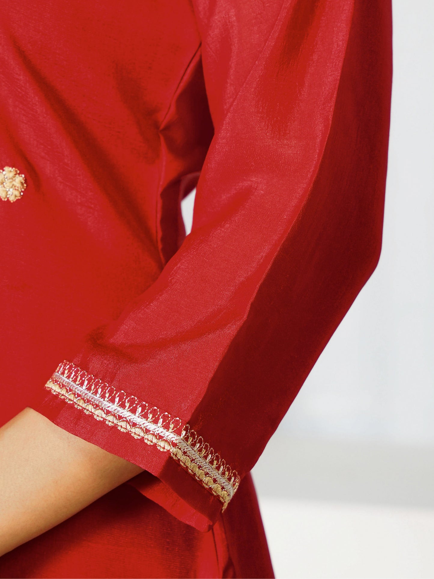 Embroidered Blended Silk Solid Red Straight Kurta