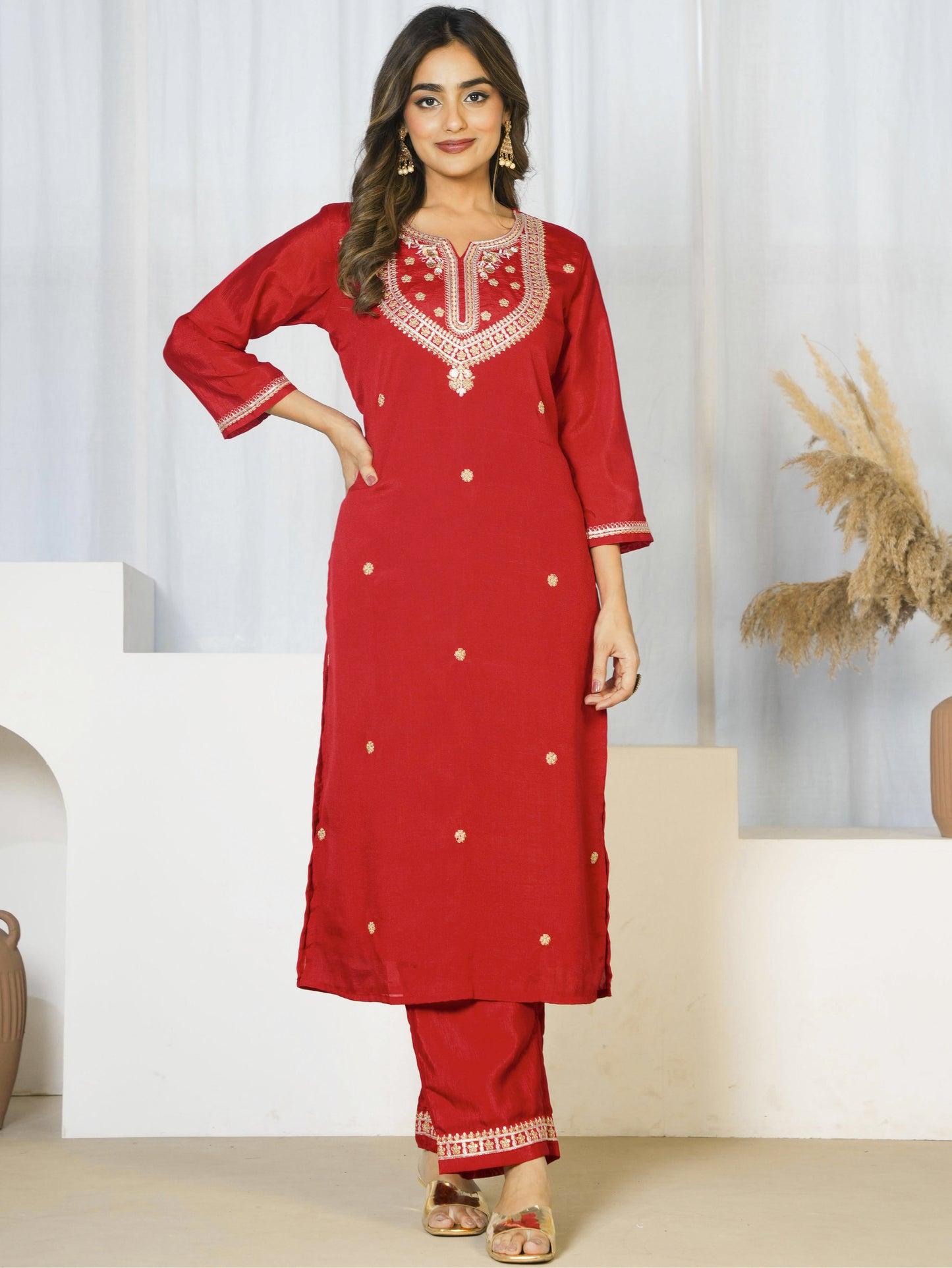 Embroidered Blended Silk Solid Red Straight Kurta
