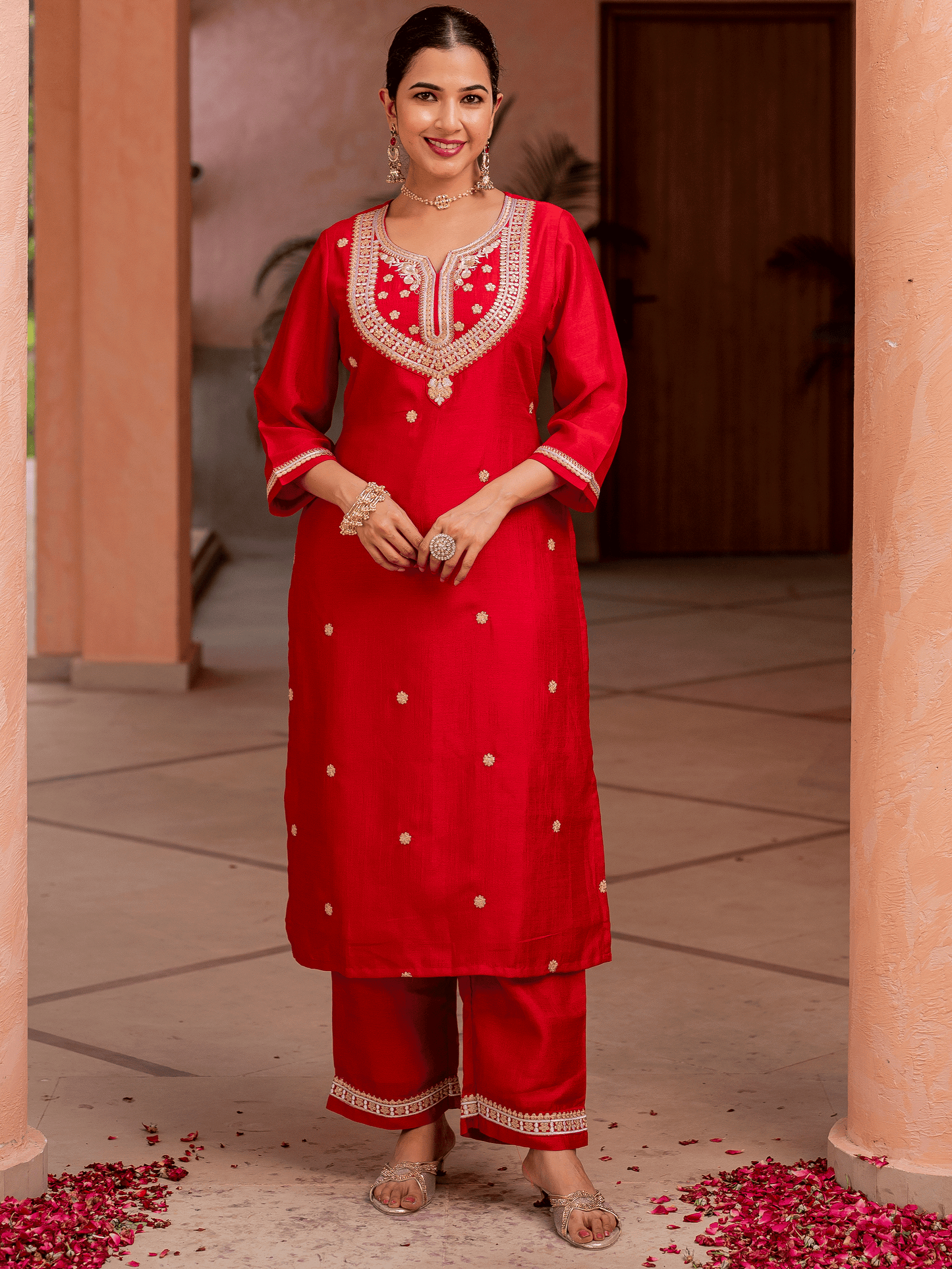 Embroidered Silk Blend Solid Red Straight Kurta
