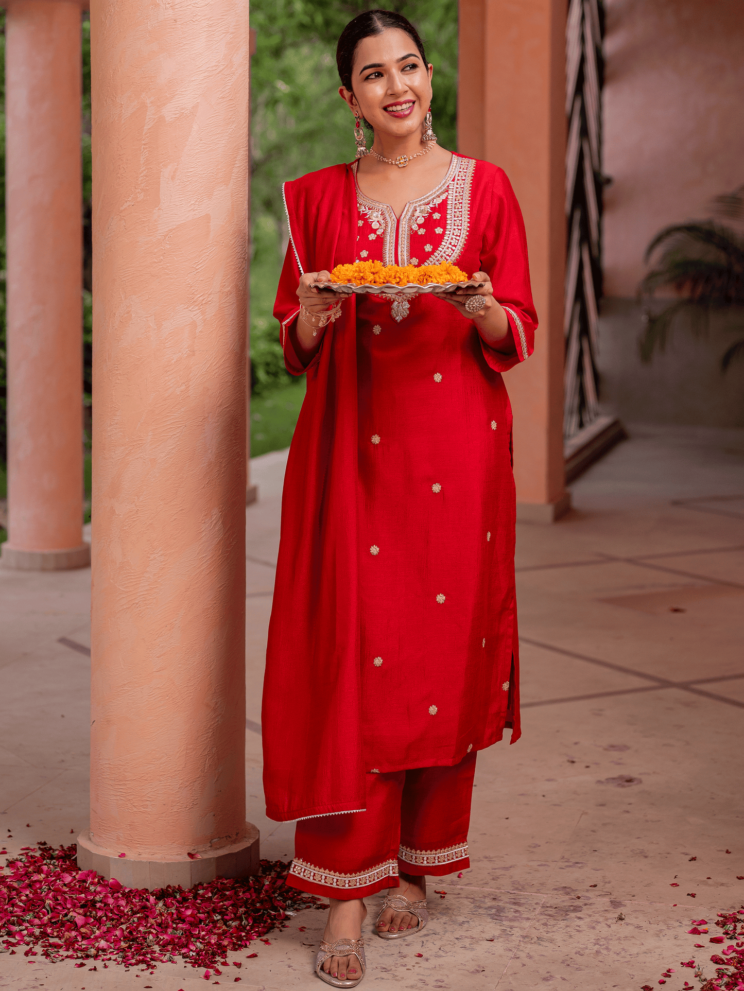 Embroidered Silk Blend Solid Red Straight Kurta