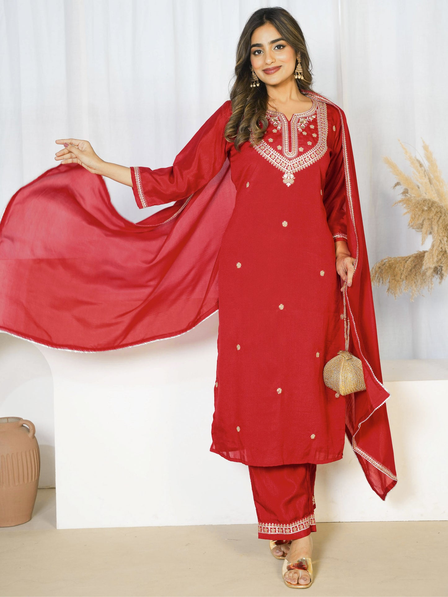 Embroidered Blended Silk Solid Red Straight Kurta