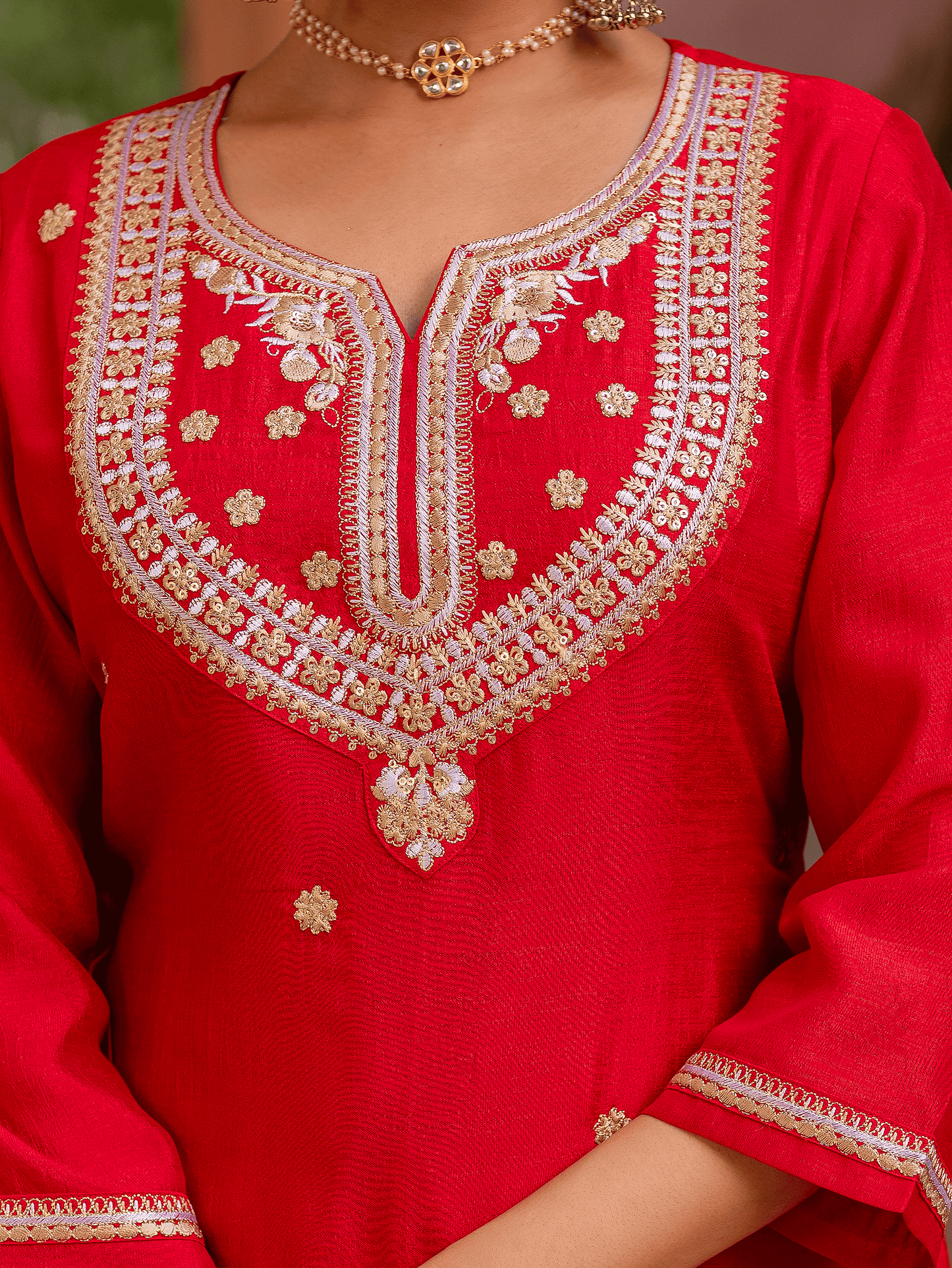 Embroidered Silk Blend Solid Red Straight Kurta