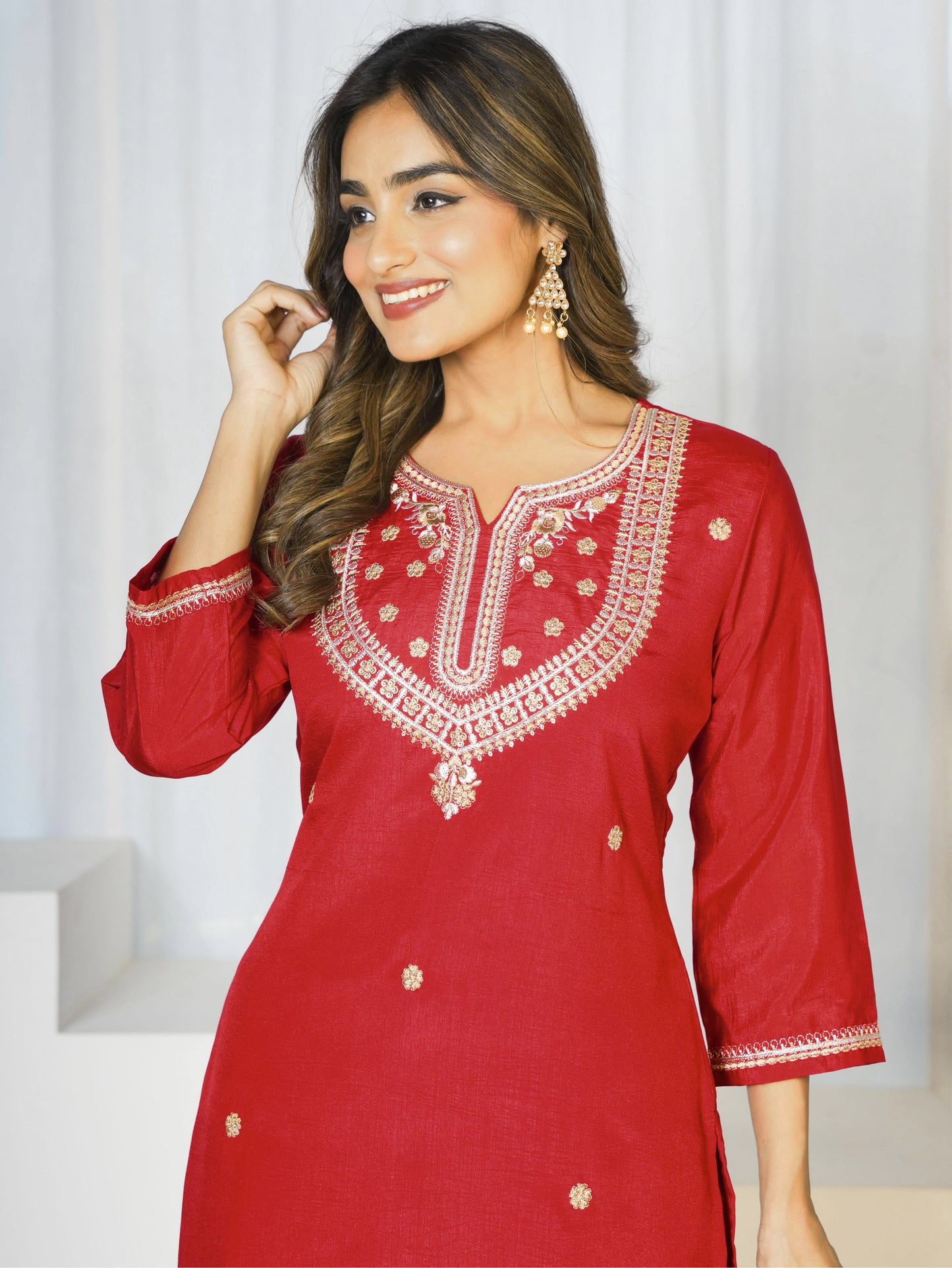 Embroidered Blended Silk Solid Red Straight Kurta