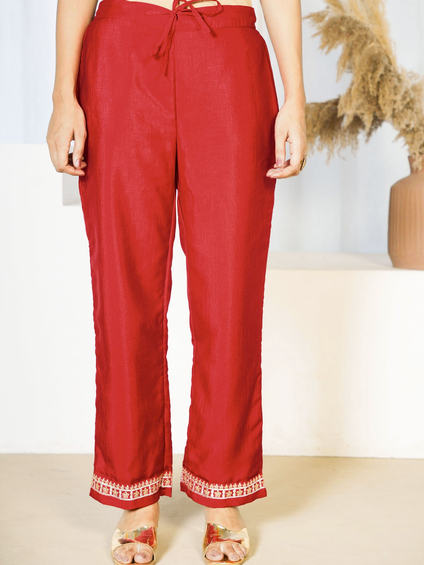 Embroidered Blended Silk Solid Red Trousers