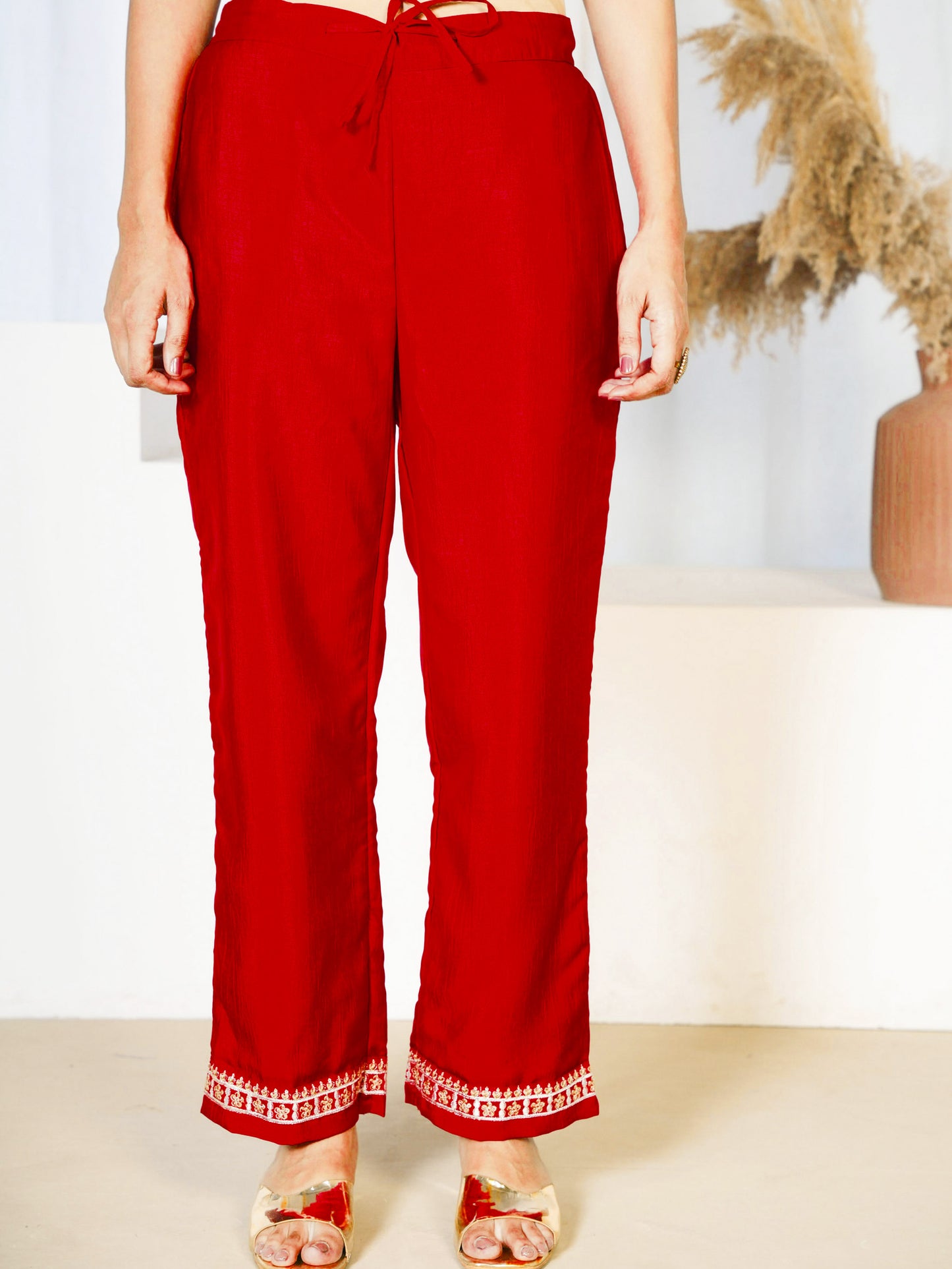 Embroidered Silk Blend Solid Red Straight Kurta