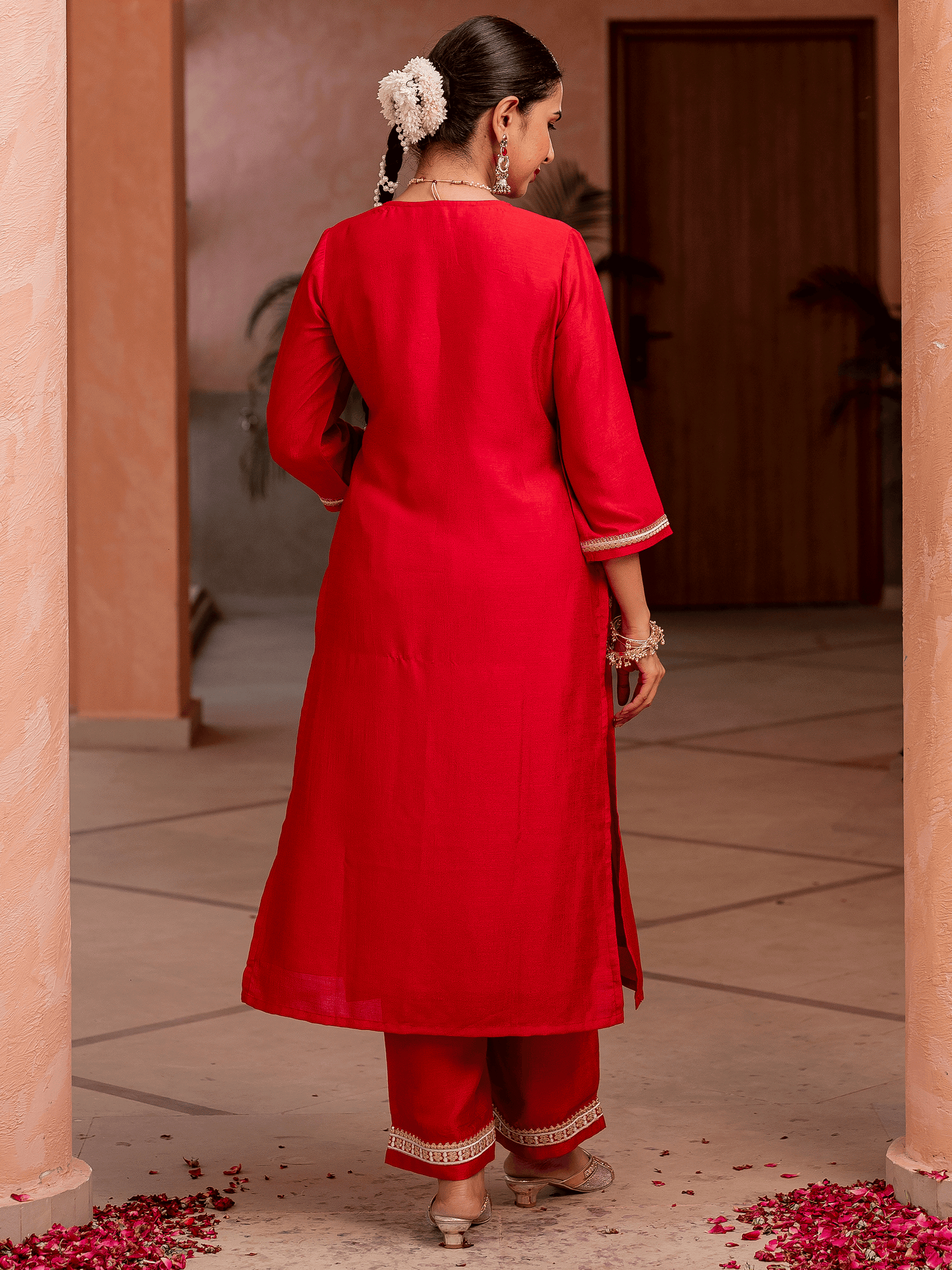 Embroidered Silk Blend Solid Red Straight Kurta