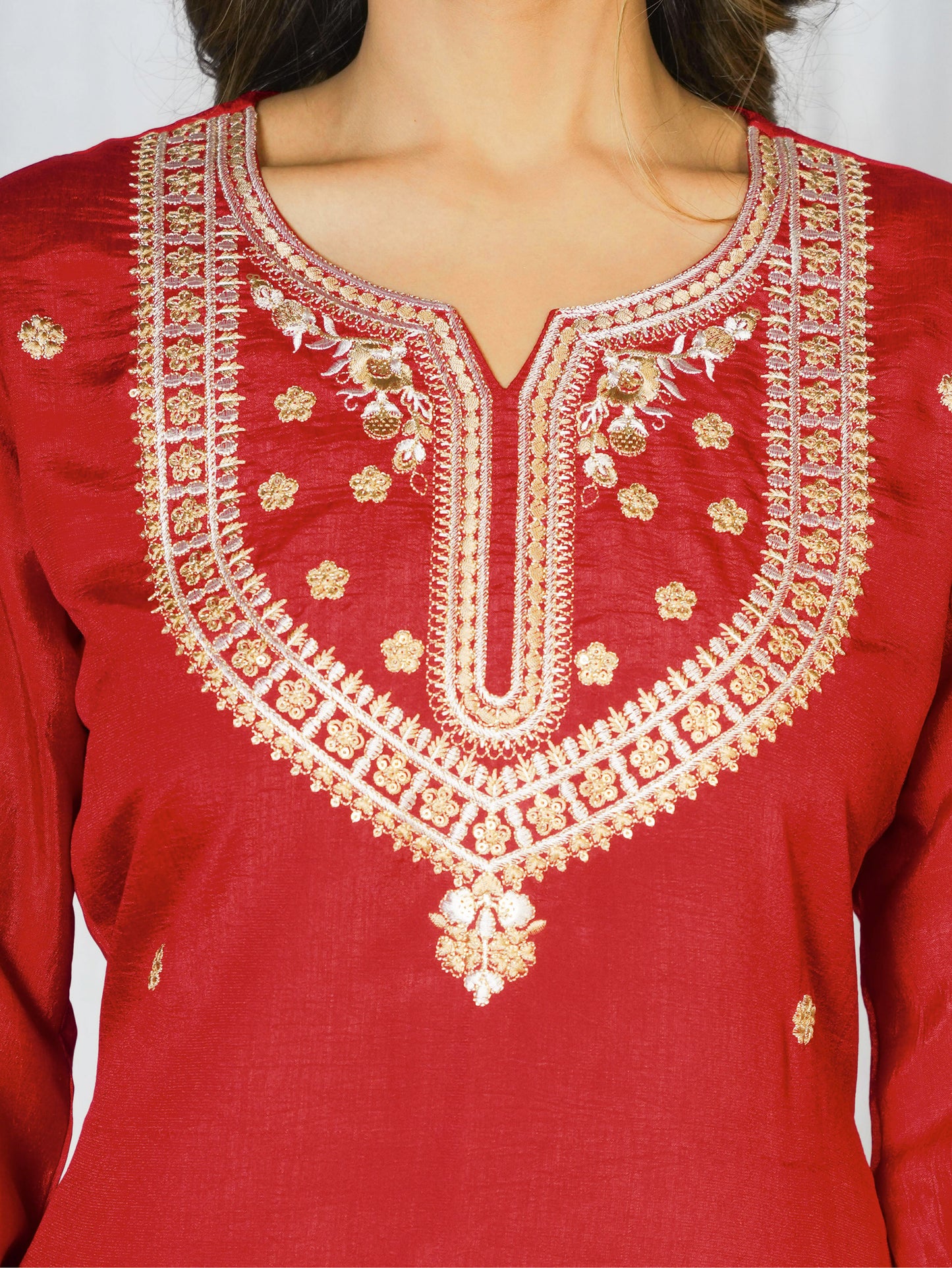 Embroidered Blended Silk Solid Red Straight Kurta
