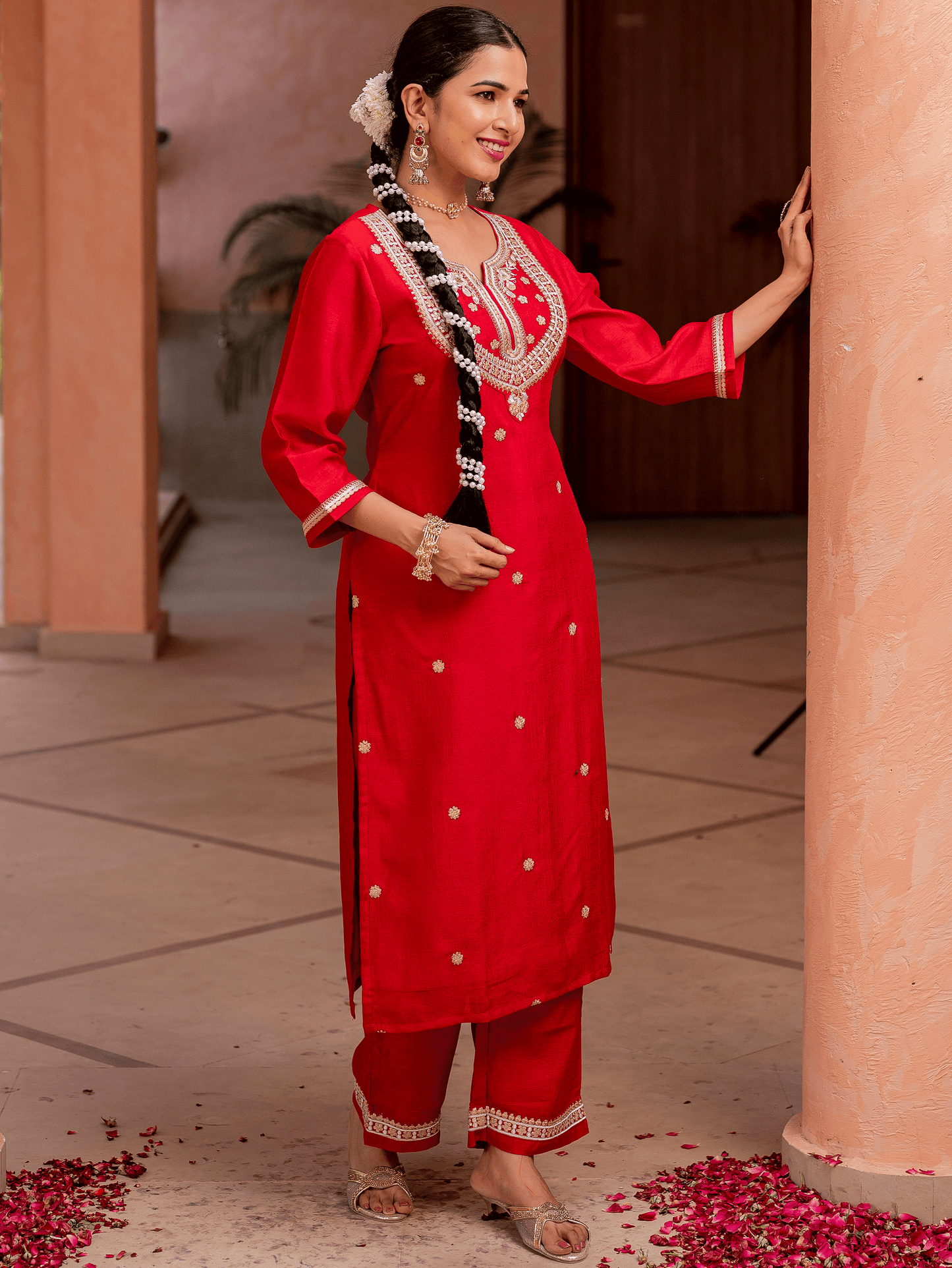 Embroidered Silk Blend Solid Red Straight Kurta