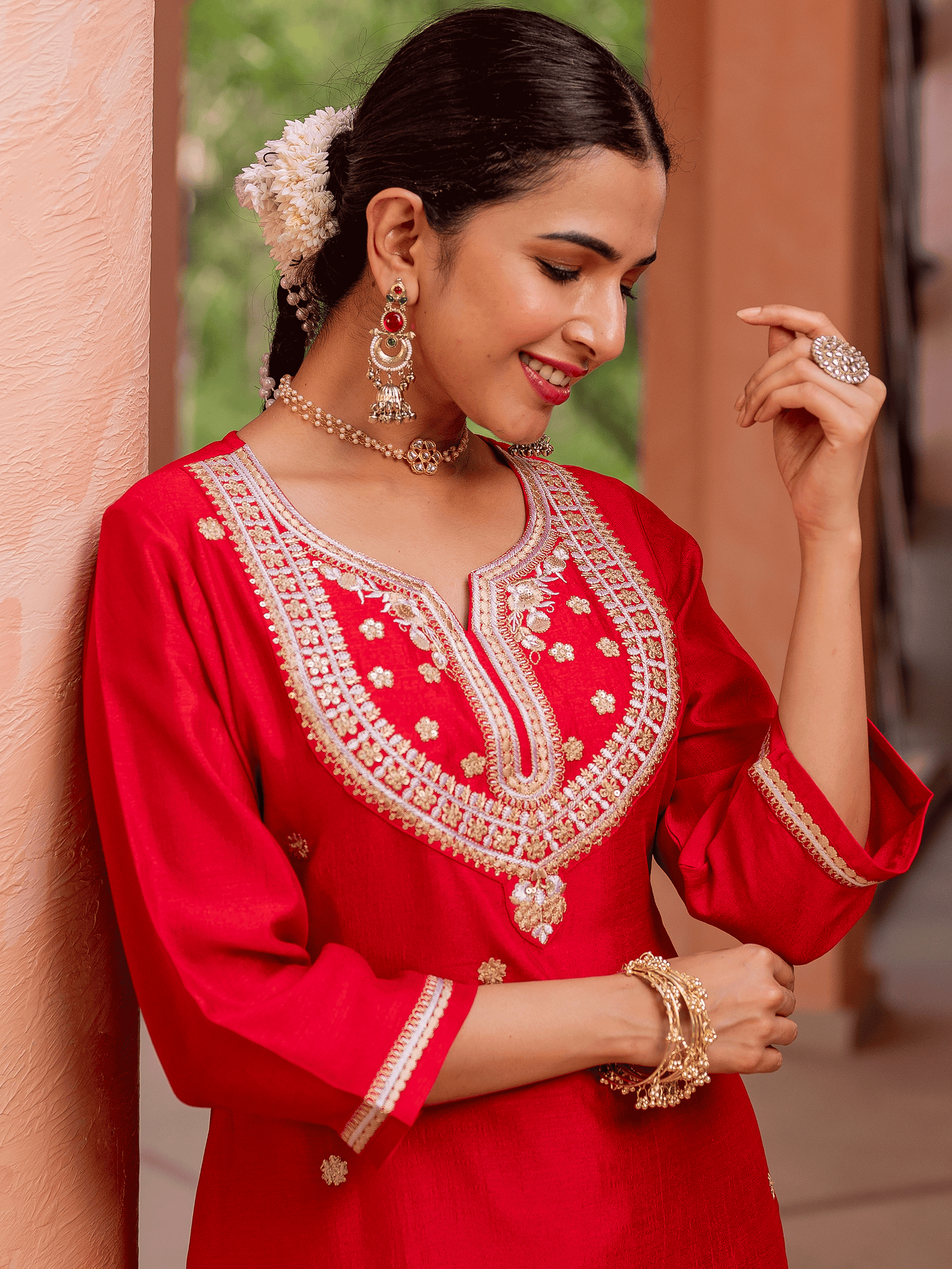 Embroidered Silk Blend Solid Red Straight Kurta
