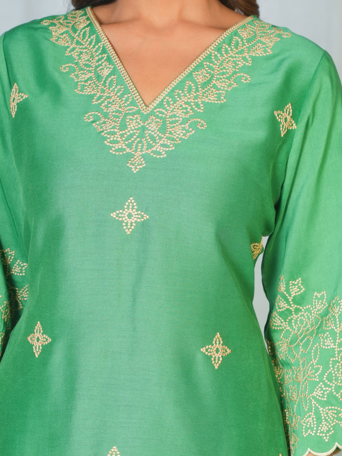 Embroidered Poly Chinon Solid Light green Kurta