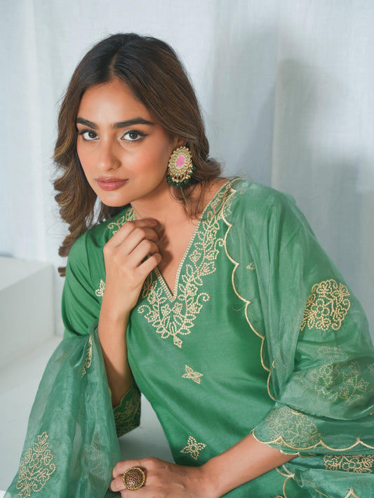 Embroidered Chiffon Solid Straight Light green Kurta