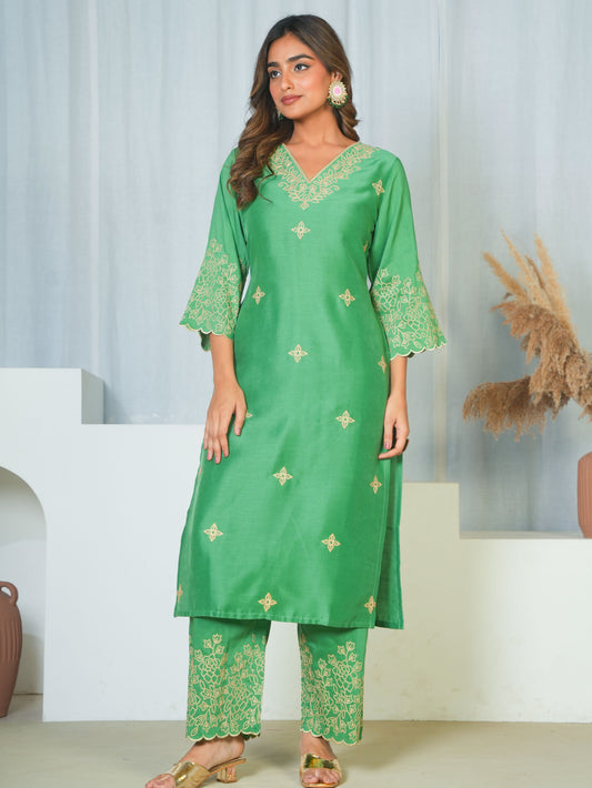 Embroidered Poly Chinon Solid Light green Kurta