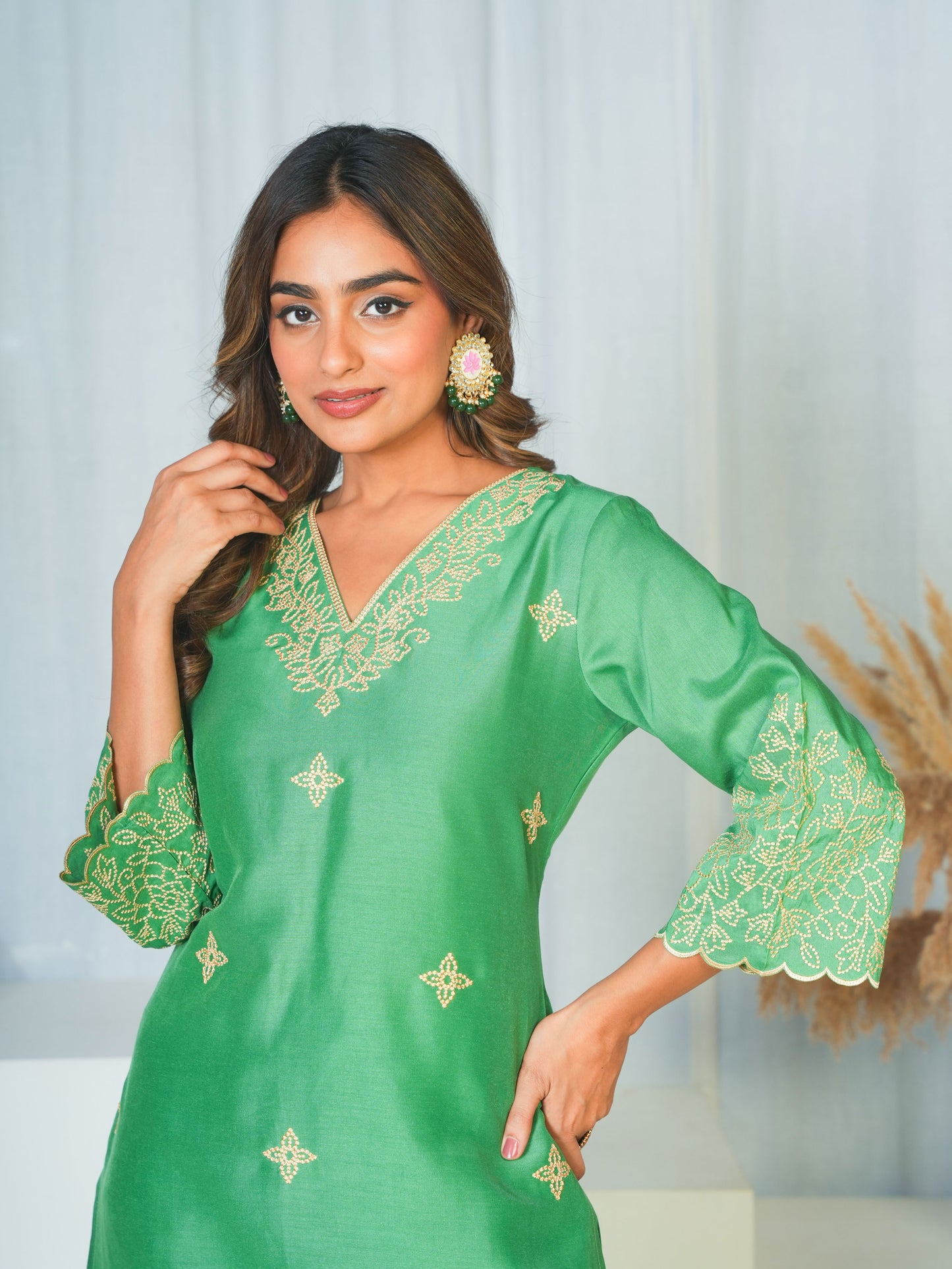Embroidered Poly Chinon Solid Light green Kurta