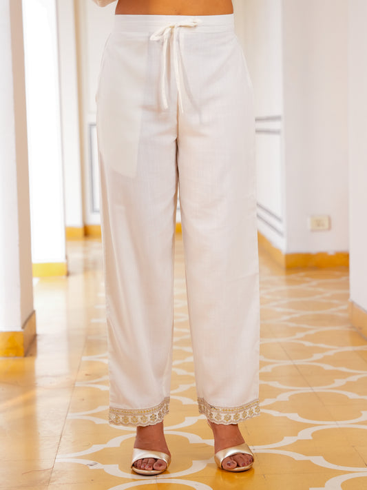 Embroidered Slub Solid Off White Trousers