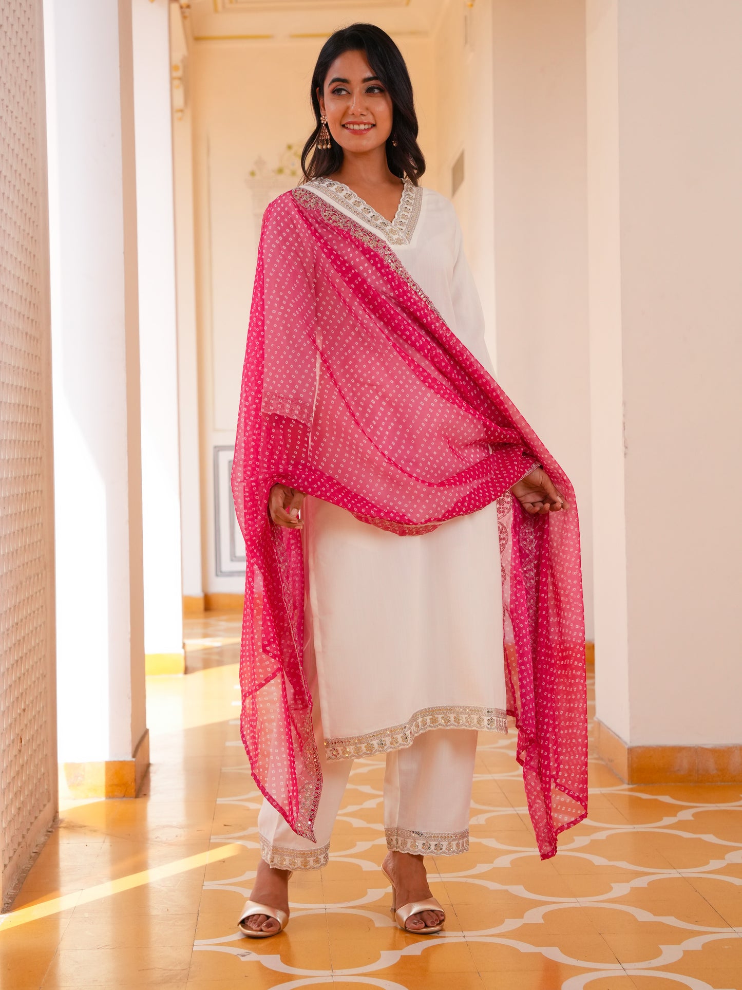 Embroidered Organza Bandhani Dusty Pink Dupatta