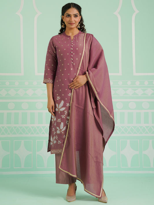 Chanderi Placement Print Straight Mauve Kurta