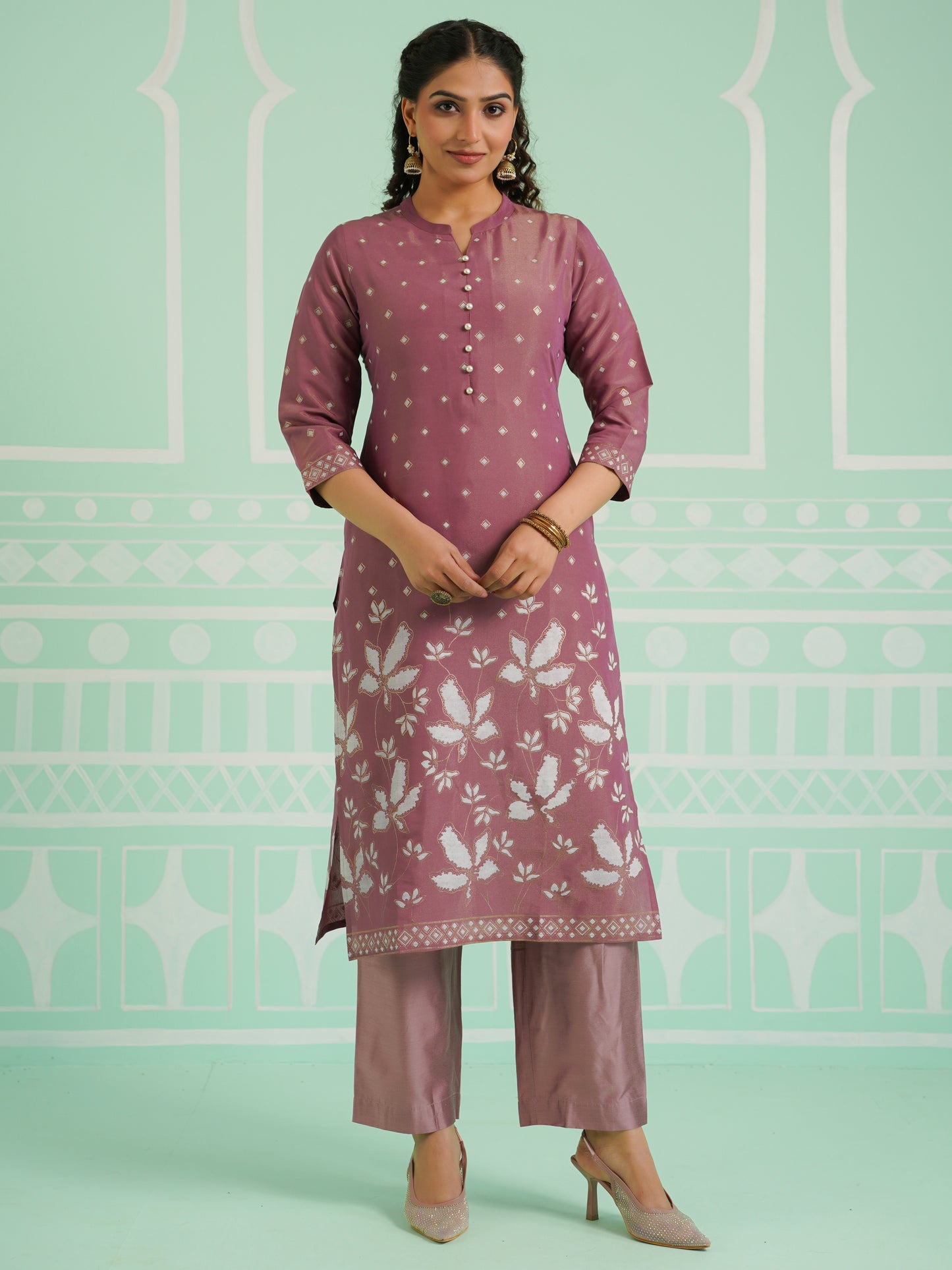 Chanderi Placement Print Straight Mauve Kurta