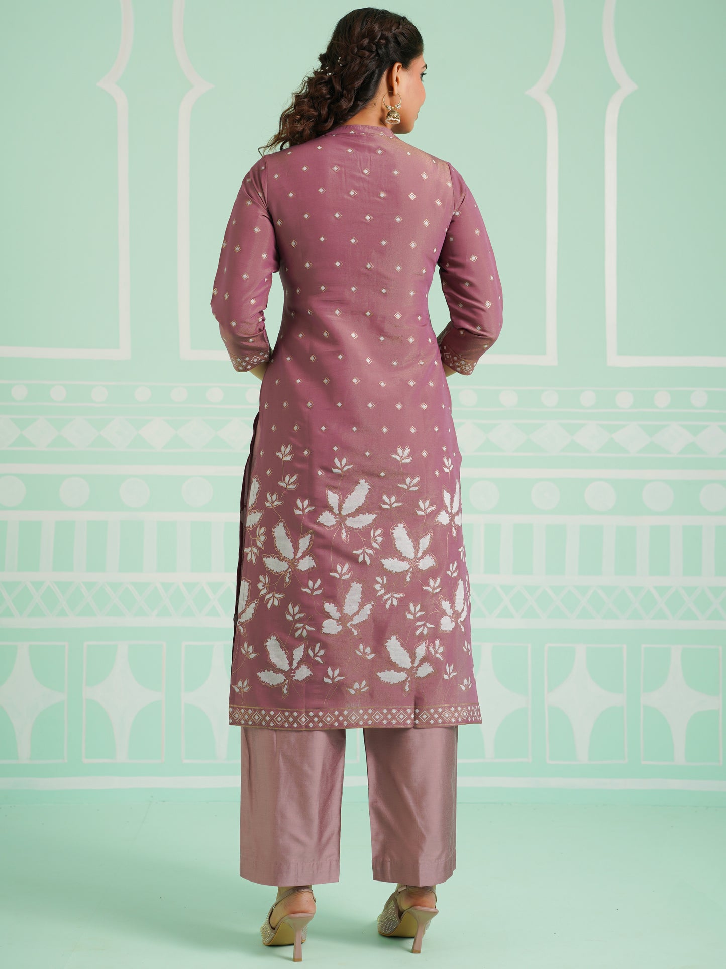 Chanderi Placement Print Straight Mauve Kurta