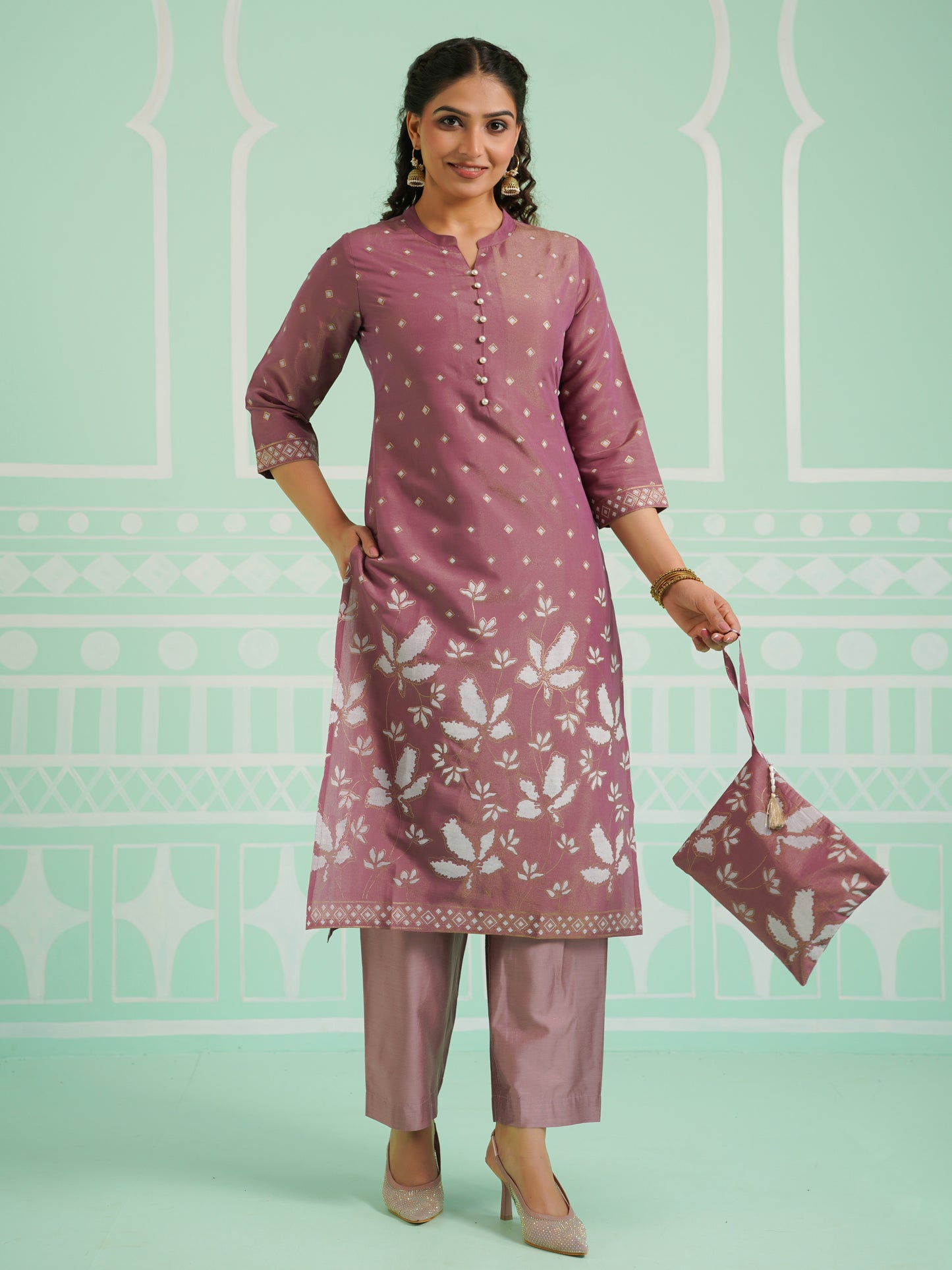 Chanderi Placement Print Straight Mauve Kurta