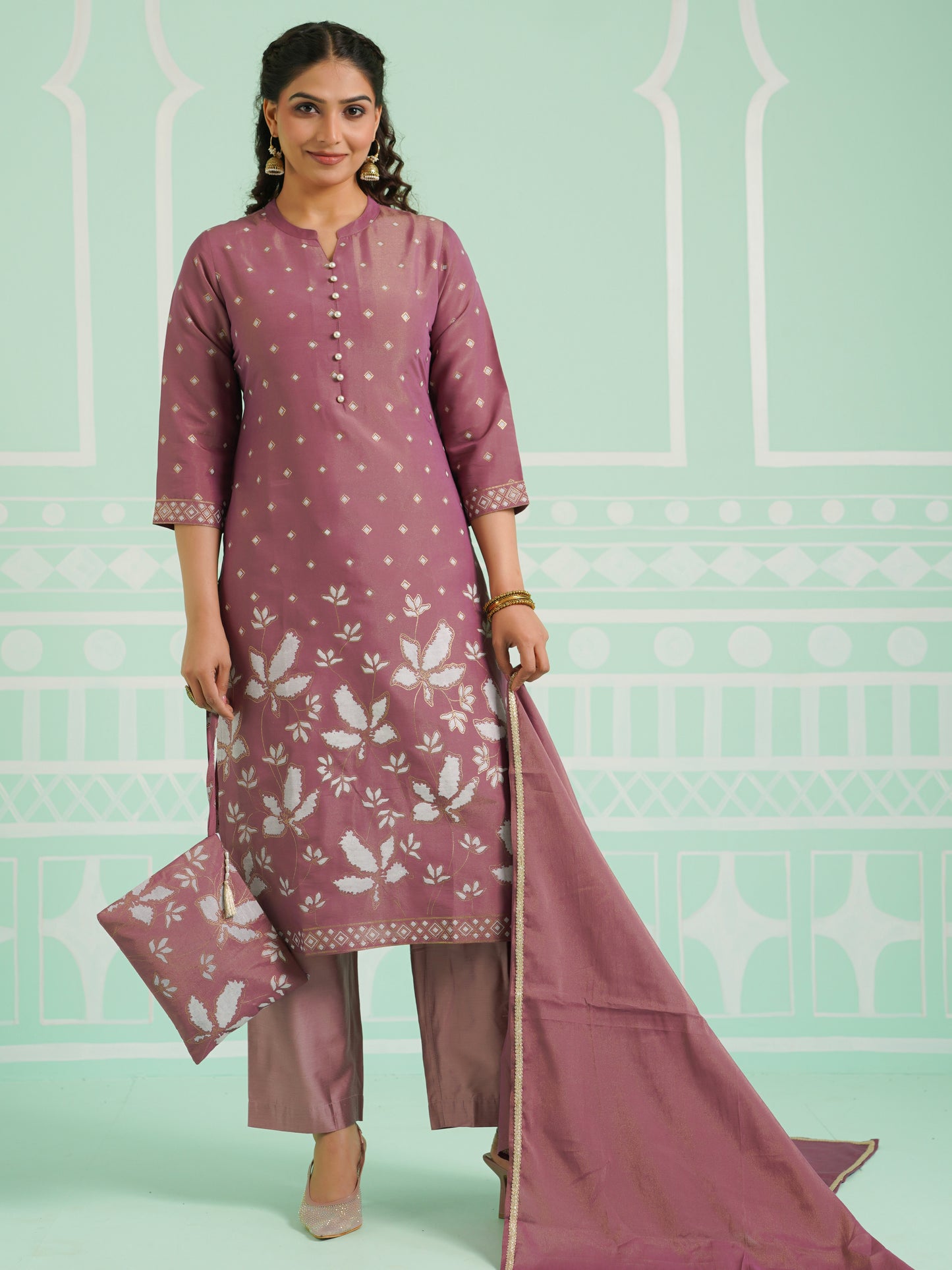 Chanderi Placement Print Straight Mauve Kurta