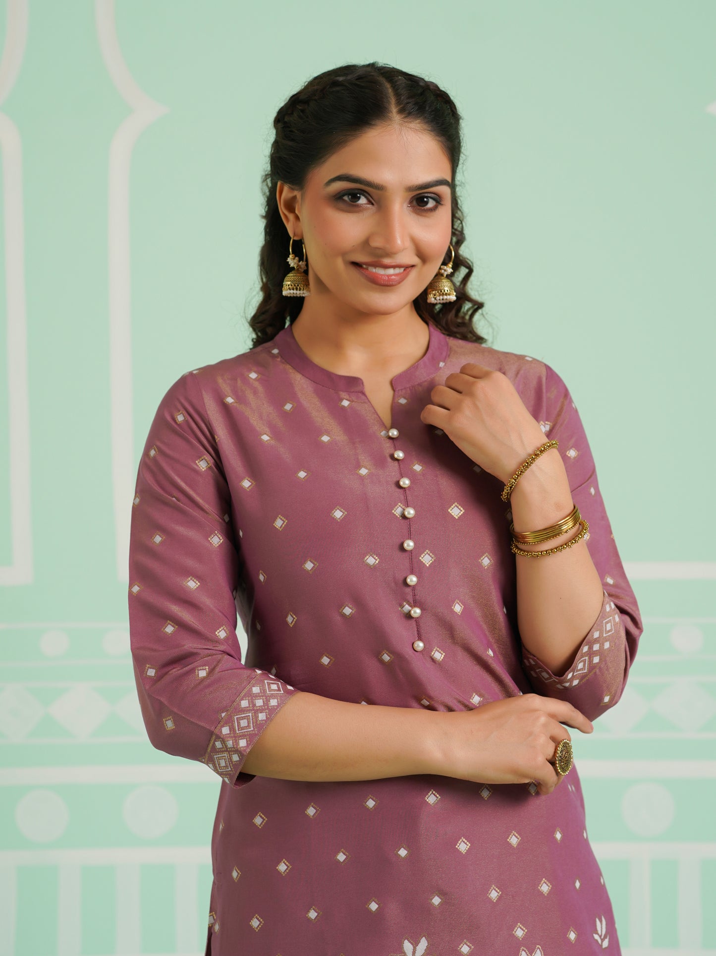 Chanderi Placement Print Straight Mauve Kurta